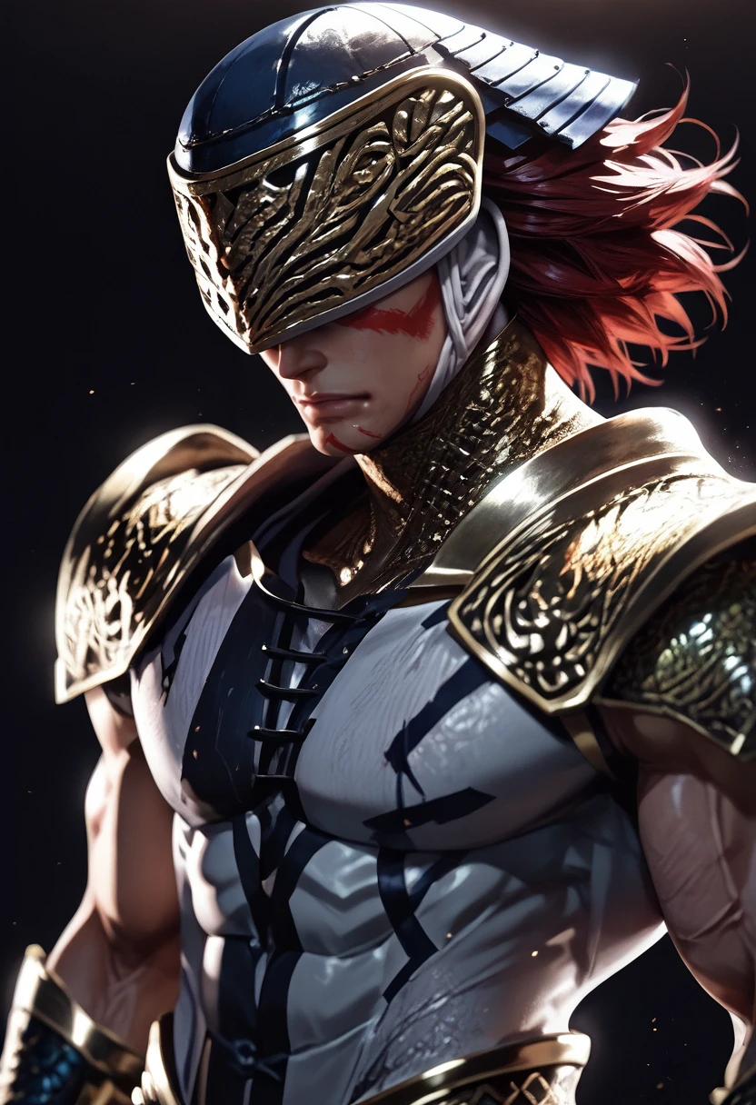 (masterpiece), (best quality), score_9, score_8_up, score_7_up, (masterpiece:1.2), (best quality:1.3), 1boy <lora:Kotaro_Fuma_Sengoku_Basara:0.75> fkotaro_sgbs, helmet, red hair, black aura, facing viewer, muscular, pectorals, abs, portrait, upper body, dark background, armor, masterful composition, dynamic movement, low light, dark, dim, cinematic lighting, high contrast, rim lighting, ray_tracing, global illumination, glow