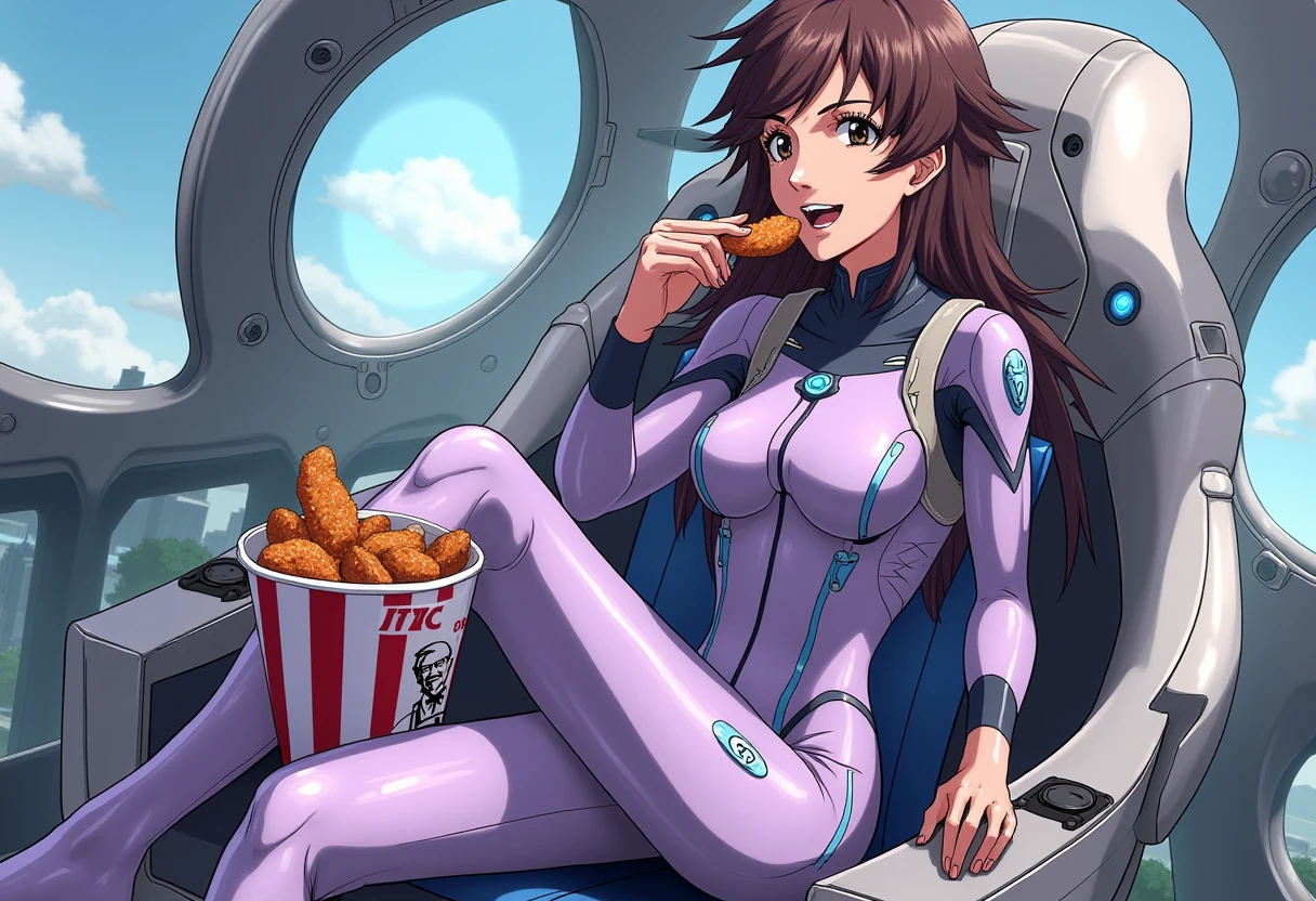 A detailed solo portrait of  suzuhara_sakura 1girl
Anime style, sharp, high contrast and highly detailed.,, 
,
 <lora:evangelion_sakura_suzuhara_flux_v1_2-000006:1>,
She wears a light purple plug suit, a form-fitting light purple and black bodysuit with white and blue accents. The suit has a futuristic, sleek design, featuring detailed paneling and numbered "09" markings. She sits in a futuristic cockpit of an EVA robot, one leg over another. She is eating a bucket of KFC fried chicken, holding a drumstick with one hand and chewing with her mouth. She looks happy.