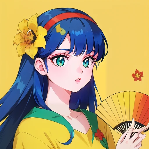 1girl, blue hair, flower, folding fan, hair ornament, hairband, hand fan, holding, holding fan, long hair, long sleeves, makeup, retro artstyle, solo, upper body,yellow flower,red bandâââ,  <lora:ranmake-000001:0.6>, green eyes, naked