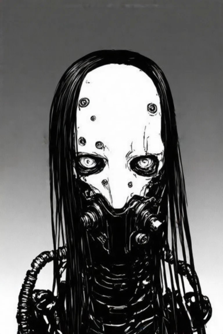 This image is a black and white manga-style drawing by tsutomu nihei, characterized by its high-contrast, heavily shaded lines and textures. The central figure is a humanoid synthetic creature with a menacing, otherworldly appearance. It has long black hair. Its face is dominated by a large, white mask-like structure  with multiple eye-like protrusions and a prominent, sharp nose. The eyes beneath the mask are cybernetic , with a piercing gaze that exudes a sense of malevolence. machinery covers its lower face suggesting a gas-mask or breathing aparatus with tubing connected to lower parts of the creatures body. 

The background is a simple, dark gradient, with no discernible objects or details, focusing all attention on the central figure. The texture of the drawing is rough and grainy, typical of traditional manga art, with a high level of detail in the facial features and the mask. The overall mood is dark and foreboding, emphasizing the creature's sinister nature. This image is likely part of a larger manga series, contributing to a story with a sci-fi or horror theme.