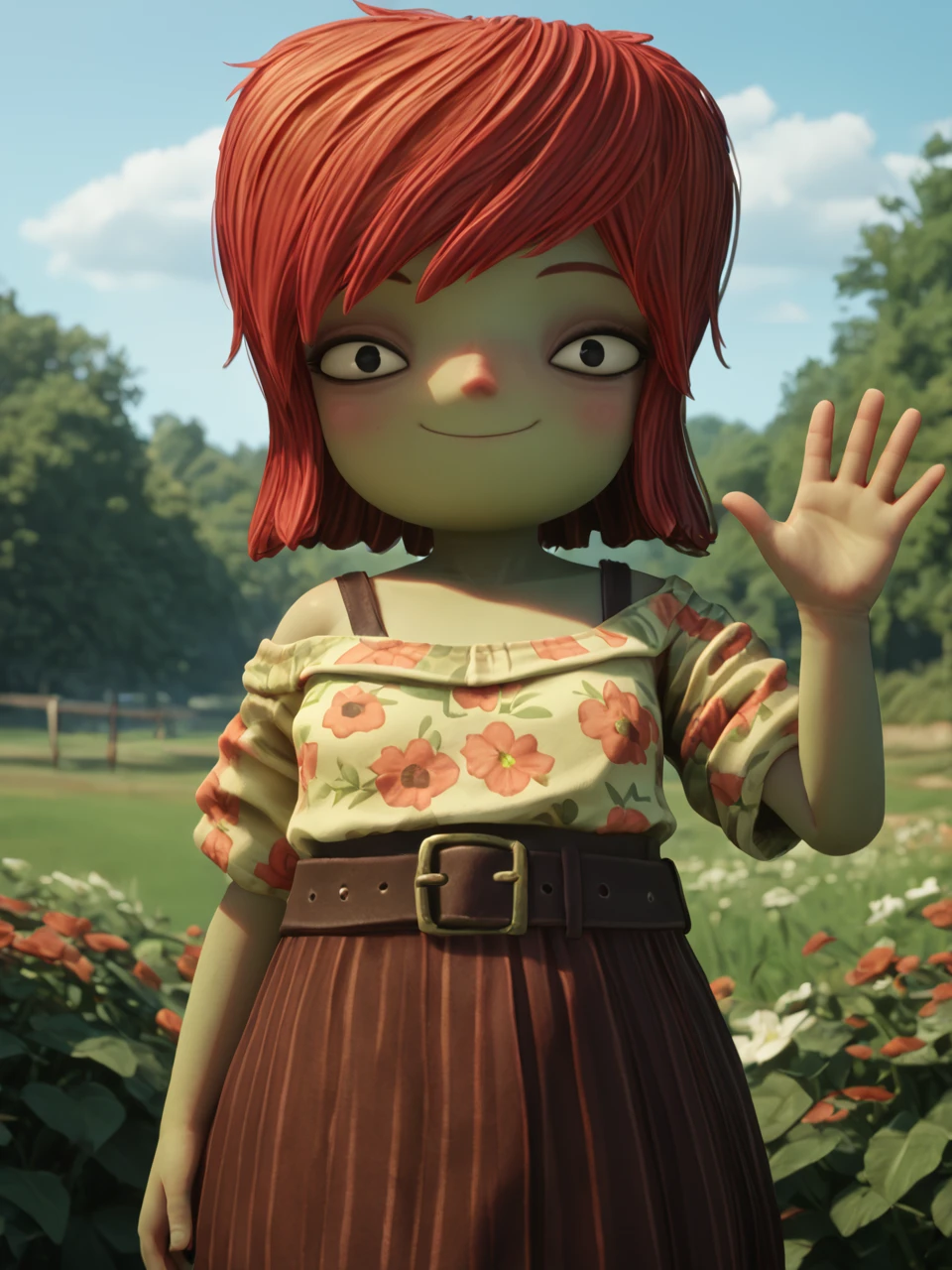 score_9, score_8_up, score_7_up, BREAK, S4mB00le, 1girl, solo, short hair, red hair, black eyes, green skin, off-shoulder shirt, floral print, belt, skirt, smile, upper body, raise left arm, day, outdoor, waving, looking at viewer, Volumetric Lighting <lora:Sam_Boole:1>