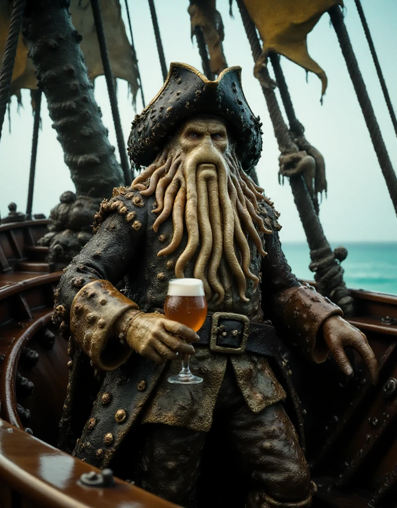 Davy Jones wears a pirate hat and is holding a beer standing on the front of a pirate boat <lora:Davy_Jones:0.9>