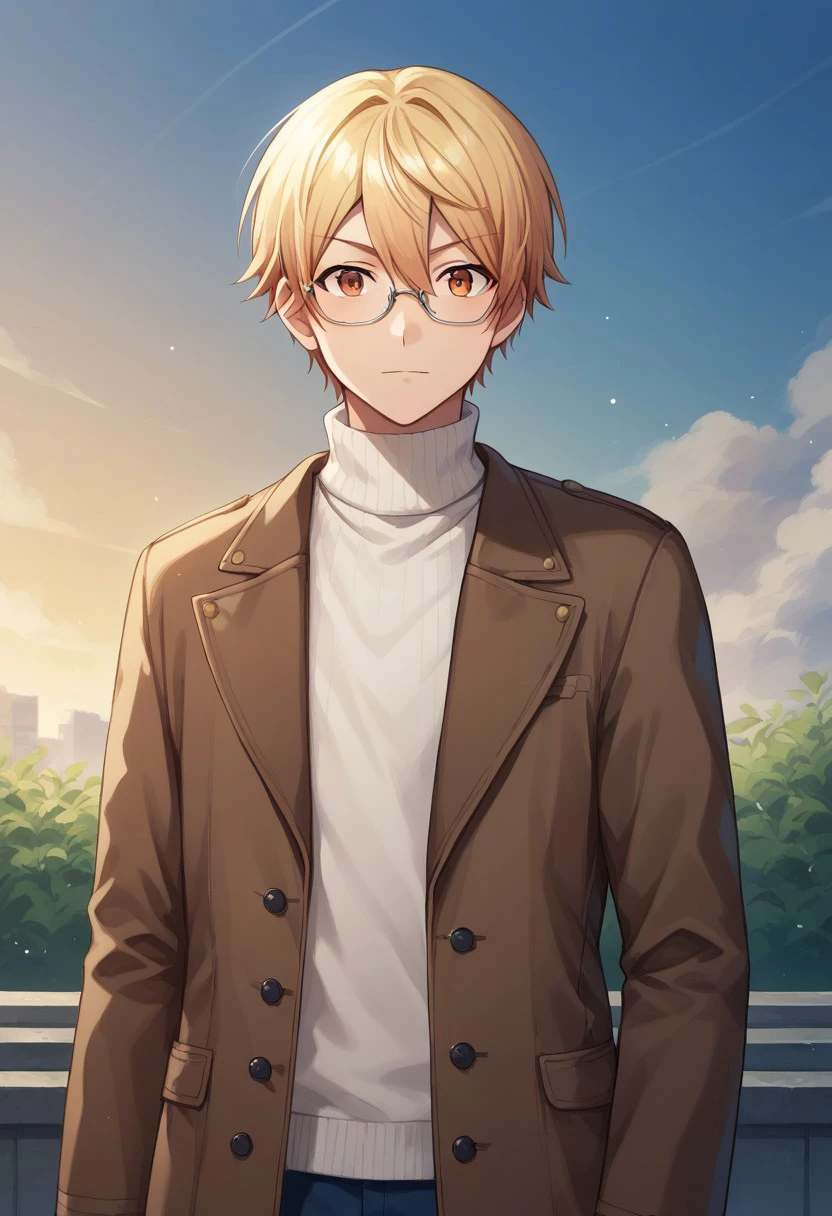 score_9, score_8_up, score_7_up, source_anime, highly detailed, 
tsukasa, 
1boy, male focus, solo, orange eyes, glasses, blonde hair, short hair, hair between eyes, bangs, turtleneck, sweater, white sweater, jacket, brown jacket, coat, brown coat,
outdoor, buidling, sky,