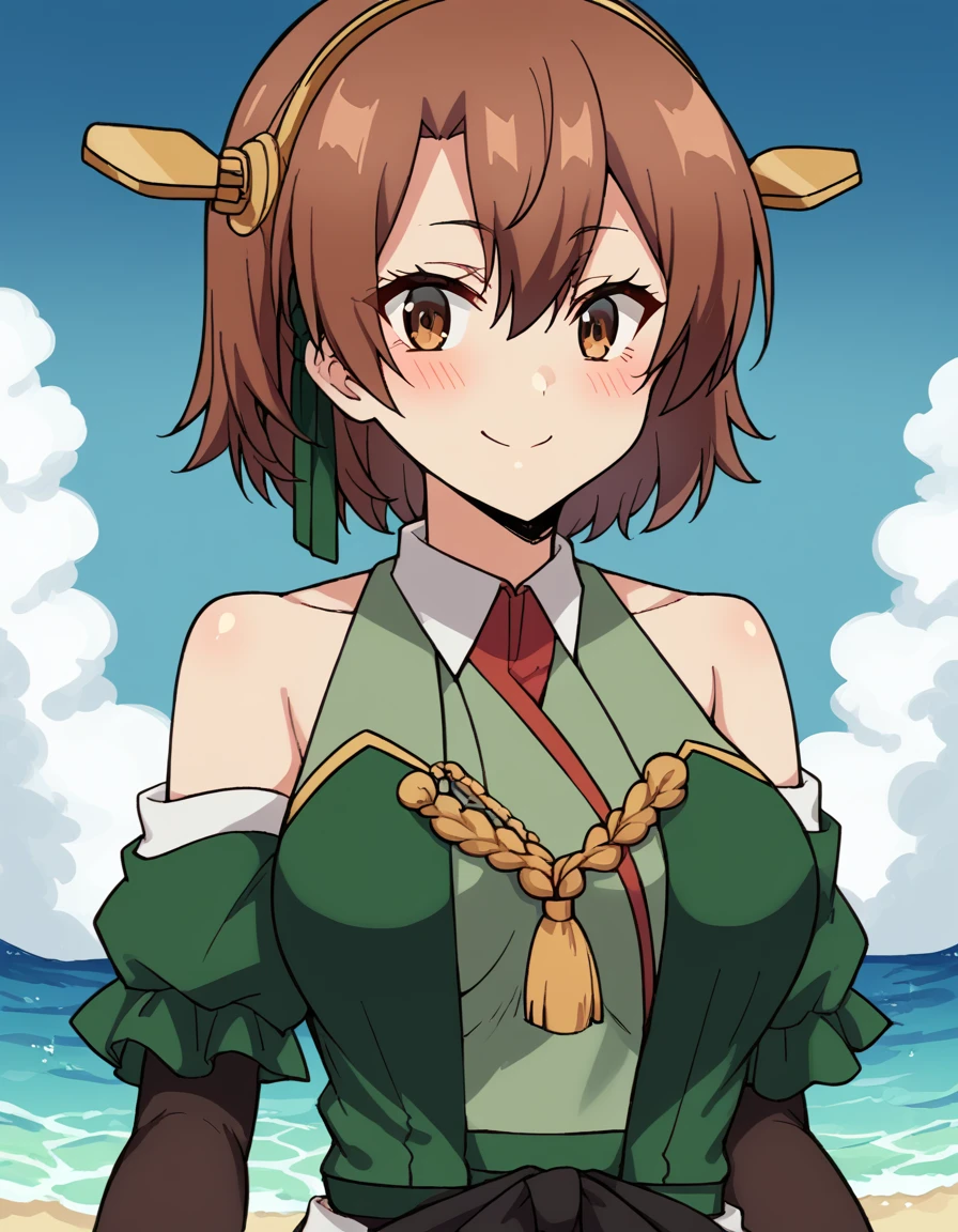 score_9, score_8_up, score_7_up, source_anime, <lora:lola-metrose-s1-ponyxl-lora-nochekaiser:1>, lola metrose, short hair, brown hair, hair between eyes, brown eyes, large breasts, <lora:kancolle-kongou-cosplay-ponyxl-lora-nochekaiser:1>, kancolle kongou cosplay, kongou (kancolle) (cosplay), kongou pose, nontradional miko, cosplay, ribbon-trimmed sleeves, ribbon trim, bare shoulders, headgear,, ocean, smile, blush, blue sky, v, cowboy shot, looking at viewer,, , dutch angle, cowboy shot