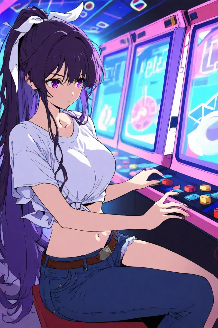 score_9, score_8_up, score_7_up, score_6_up, score_5_up, score_4_up,   asymmetrical clothes, navel, purple eyes, very long hair, tied shirt, midriff, hair ribbon, single pantsleg, white shirt, ponytail, black hair, large breasts, jeans, white ribbon, brown belt, purple hair, asymmetrical legwear, <lora:Lofi_style-000031:0.8>, 1girl, solo, alone, lofi_style, lofi,  masterpiece, highres, playing arcade, arcade, sitting