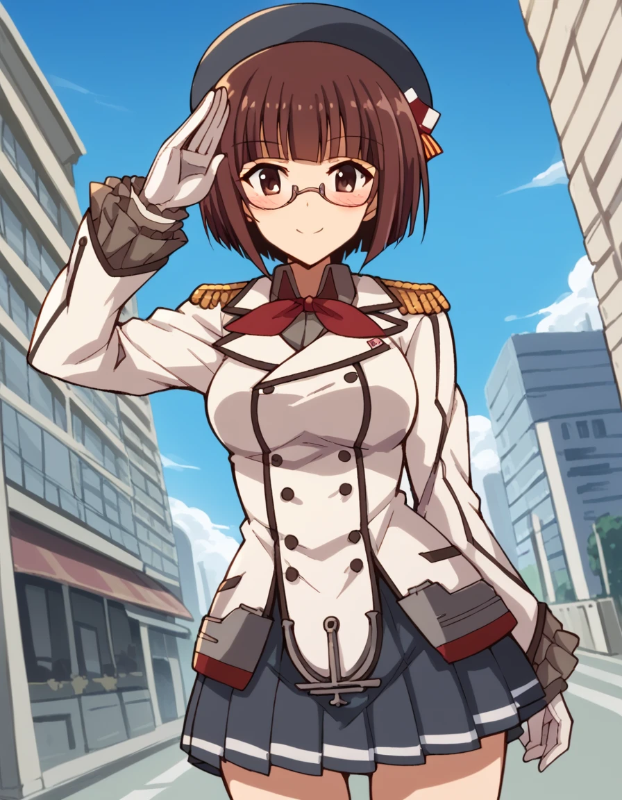 score_9, score_8_up, score_7_up, source_anime, <lora:luna-minase-s2-ponyxl-lora-nochekaiser:1>, luna minase, short hair, brown hair, brown eyes, glasses, bob cut, under-rim eyewear, medium breasts,, <lora:kashima-cosplay-ponyxl-lora-nochekaiser:1>, kashimacosplay, kashima (kancolle) (cosplay), beret, buttons, epaulletes, frilled sleeves, frills, gloves, grey skirt, hat, jacket, long sleeves, military, military uniform, miniskirt, pleated skirt, neckerchief, red neckerchief, skirt, uniform, white gloves, white jacket,, cityscape, street, smile, blush, salute, , dutch angle, cowboy shot