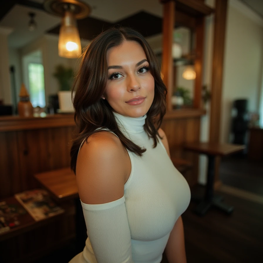 (A cinematic shot of <lora:Puffin_ASMR:1> a young woman with a light to medium skin tone. a stunning female model, wavy hair, makeup and mascara. She is wearing a form fitting turtleneck dress, standing in cafe looking at the viewer)