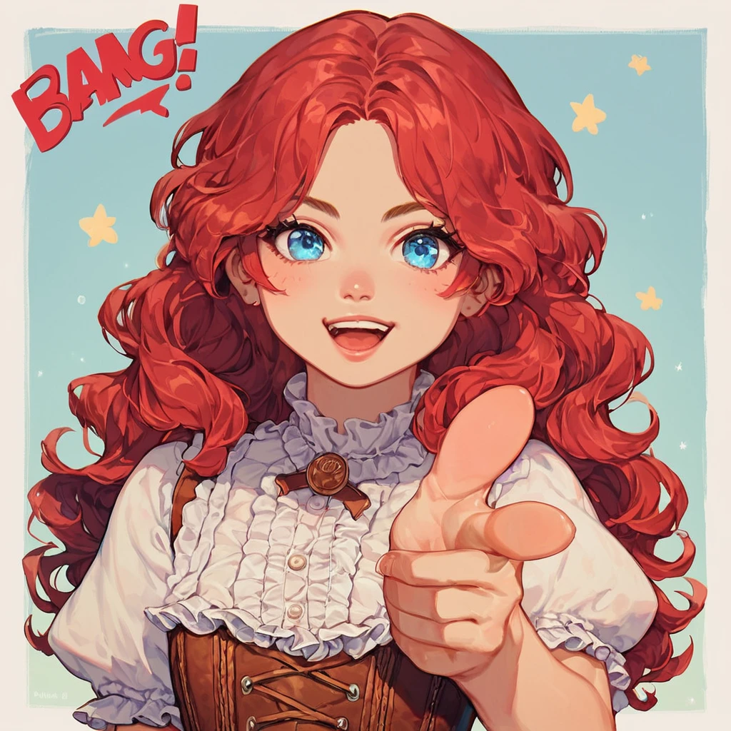 score_9, score_8_up, score_7_up, 1girl, solo, extremely detail face, blue eyes, red hair, medium wavy hair, frill shirt, corset, cowboy outfit, finger gun, pointing at viewer, bang (gesture), bubble chat "Bang", <lora:Finger_gun_Shooting_Bang_Pose_for_Pony:1>