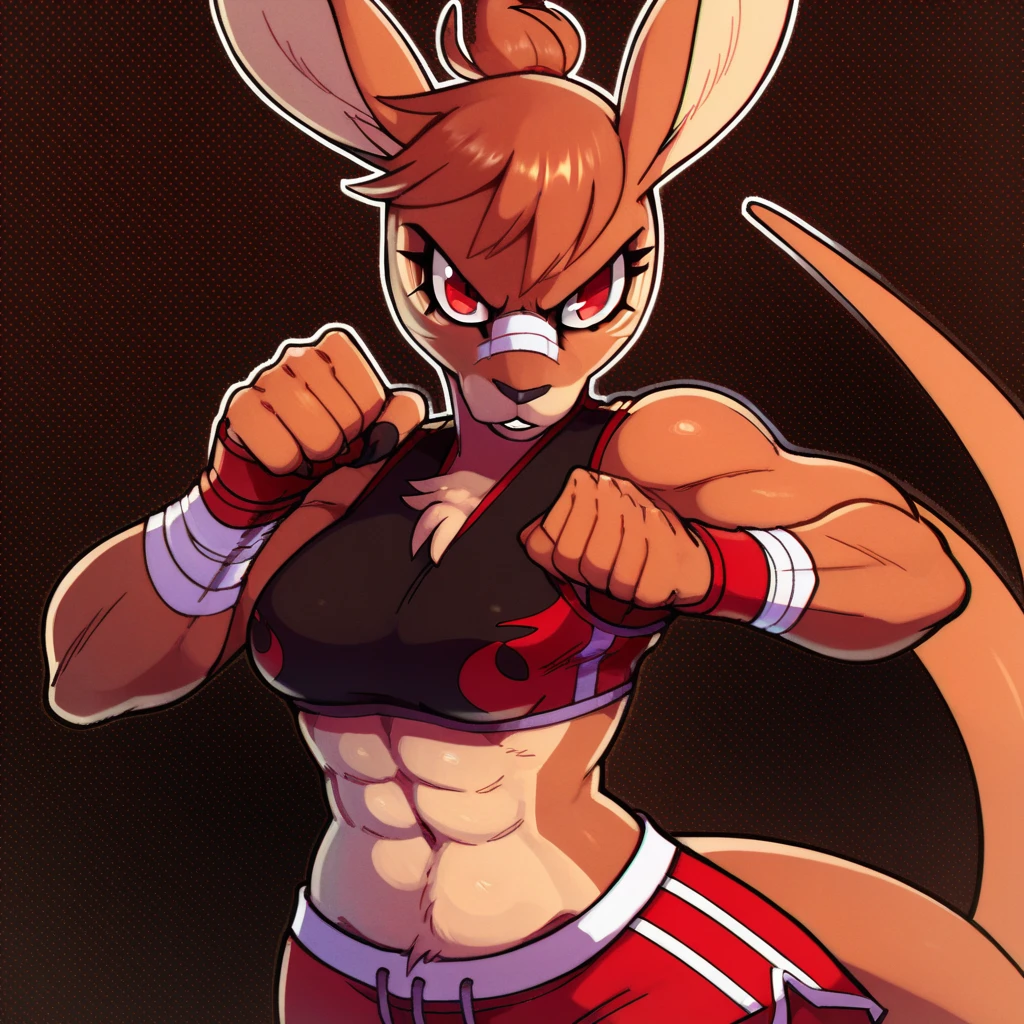 score_9_up, score_8_up, score_7_up, score_6_up, half-length portrait, kangaroo, brown hair, red eyes, furry female, female, furry, bandage, bandage on face, abs, looking at viewer, solo, fighting pose, three-quarter view, head tilt, tail, sports bra, dolphin shorts, midriff, wrist wraps, wraps, fist, simple background, white outline,