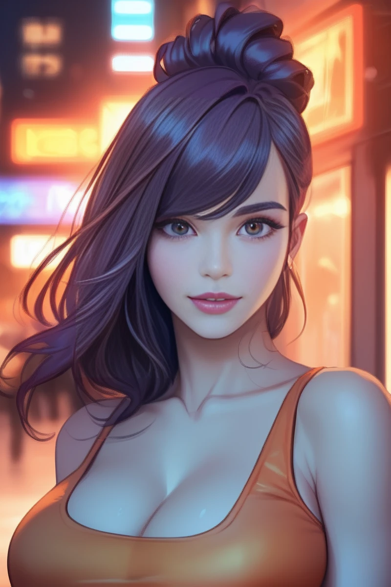 score_9, score_8, score_7, high quality, 1 woman, <lora:MiSookDove:1>, MiSookDove, choppy bangs, dark purple hair, high bun, beautiful eyes, large breasts, natural beauty, sexy body, orange dress, looking at you, city street, late at night, realistic, high quality face, zPDXL2