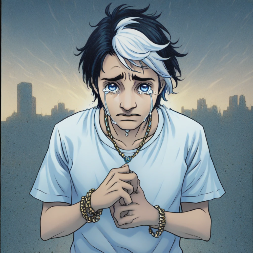 Osenayan Illustration Style, 1girl, looking at viewer, short hair, blue eyes, shirt, black hair, 1boy, jewelry, white shirt, white hair, tears, necklace, bracelet, crying, comic art style, illustration, masterpiece