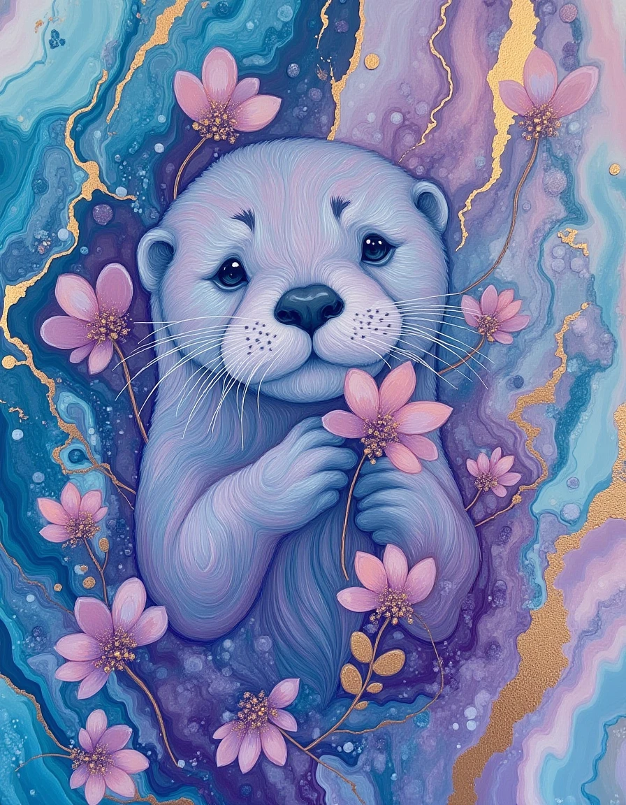 novuschroma painting of sea otter with flowers. Surrounded by blue, purple, pink marbled paint with gold accents.