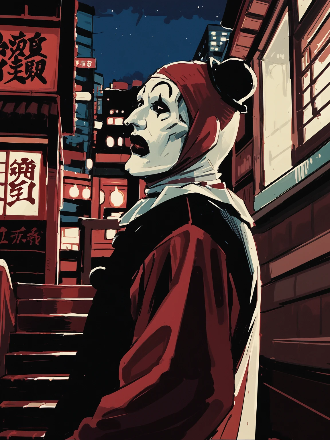 <lora:ArtTheClownN:0.8>, art_costume, art_the_clown, <lora:art_the_clown:0.35>, black eyes, male focus,
stairs, chinese interior, outdoors, red wood, japanese lantern, solo, city, loaded interior, upper body, red theme, night, from below, from side, closed mouth, expressionless,
, 5_fingers, <lora:MandradjievRassstrovV2:0.8>, zPDXL3