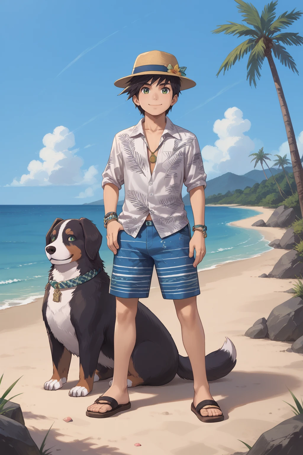 score_9, score_8_up, score_7_up, score_6_up, score_5_up,score_4_up , 
kouki, black hair, green eyes, 1boy, male focus, solo, jewelry, bracelet, sandals, beach, shorts, blonde hair, shirt, smile, multicolored hair, anklet, hawaiian shirt, standing, collared shirt, striped, dog, sirius, animal, fedora, clothed