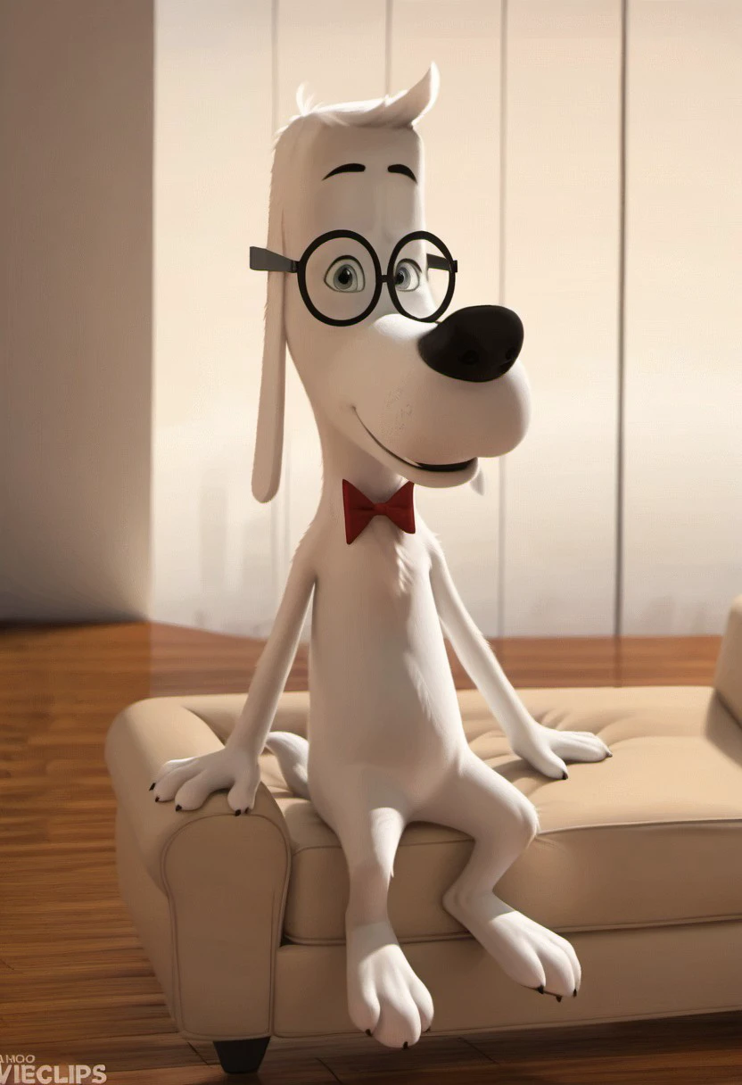 core_9, score_8_up, score_7_up, score_6_up, score_5_up, score_4_up, photorealistic, realistic, ((masterpiece)), furry, male, futanari, ((detailed face, detailed eyes)), solo, 1boi, living room background
BREAK
Mr Peabody, mr_peabody, white fur, anthropomorphic dog, long ears, floppy ears, dog ears, white hair, blue eyes, smiling, round glasses, red bowtie, sitting on couch
BREAK
<lora:add-detail-xl:1.5>