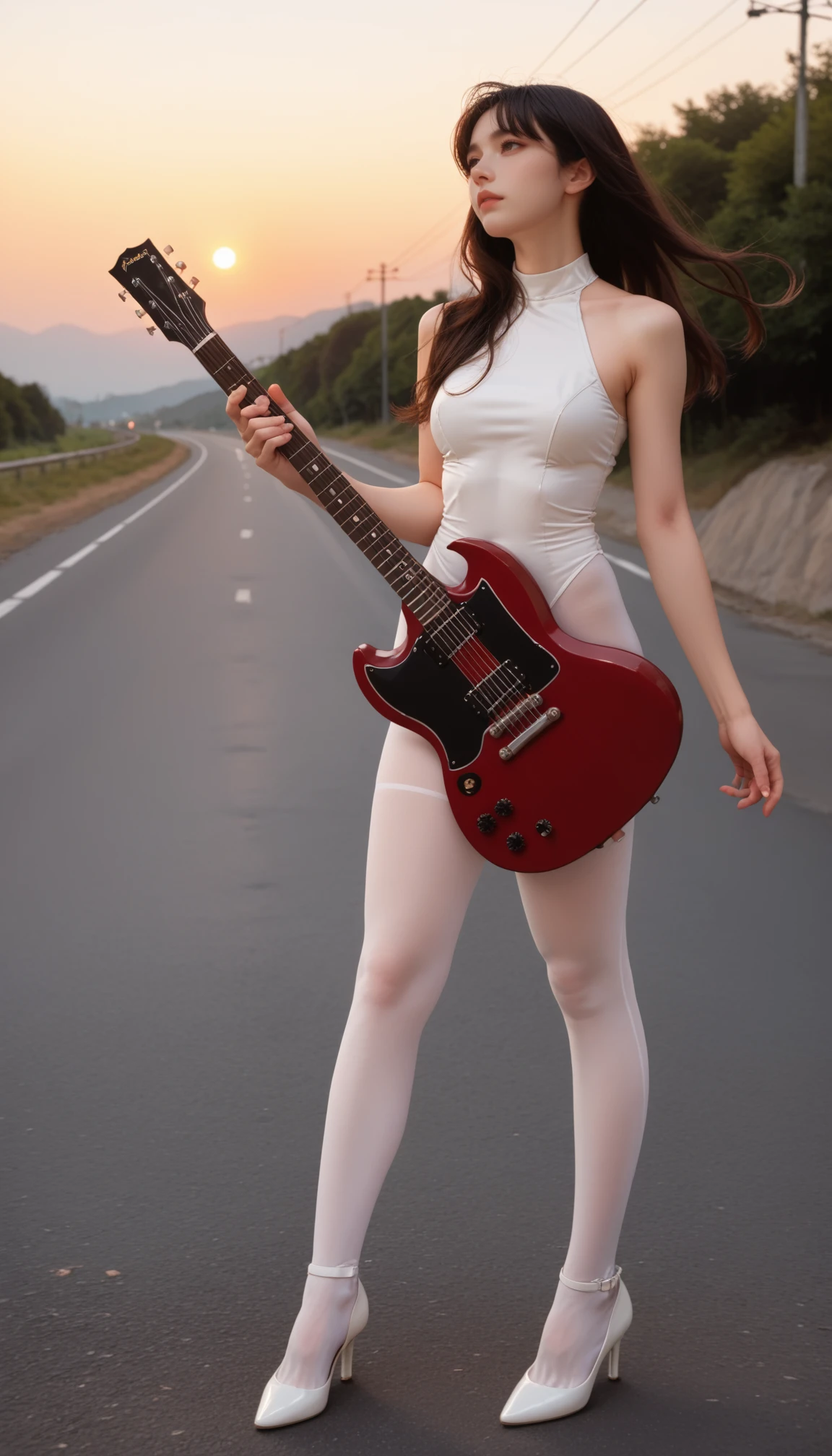 1girl, white bodystocking, score_9,score_8_up,score_7_up,  stand, full body, high heels,  long hair,  
anime, source_anime, photoshoot ,Expressiveh,  horny,
road, sunset,  outdoor, 
playing electric guitar, electric guitar,   <lora:gibson-sg-pony-000007:0.75>