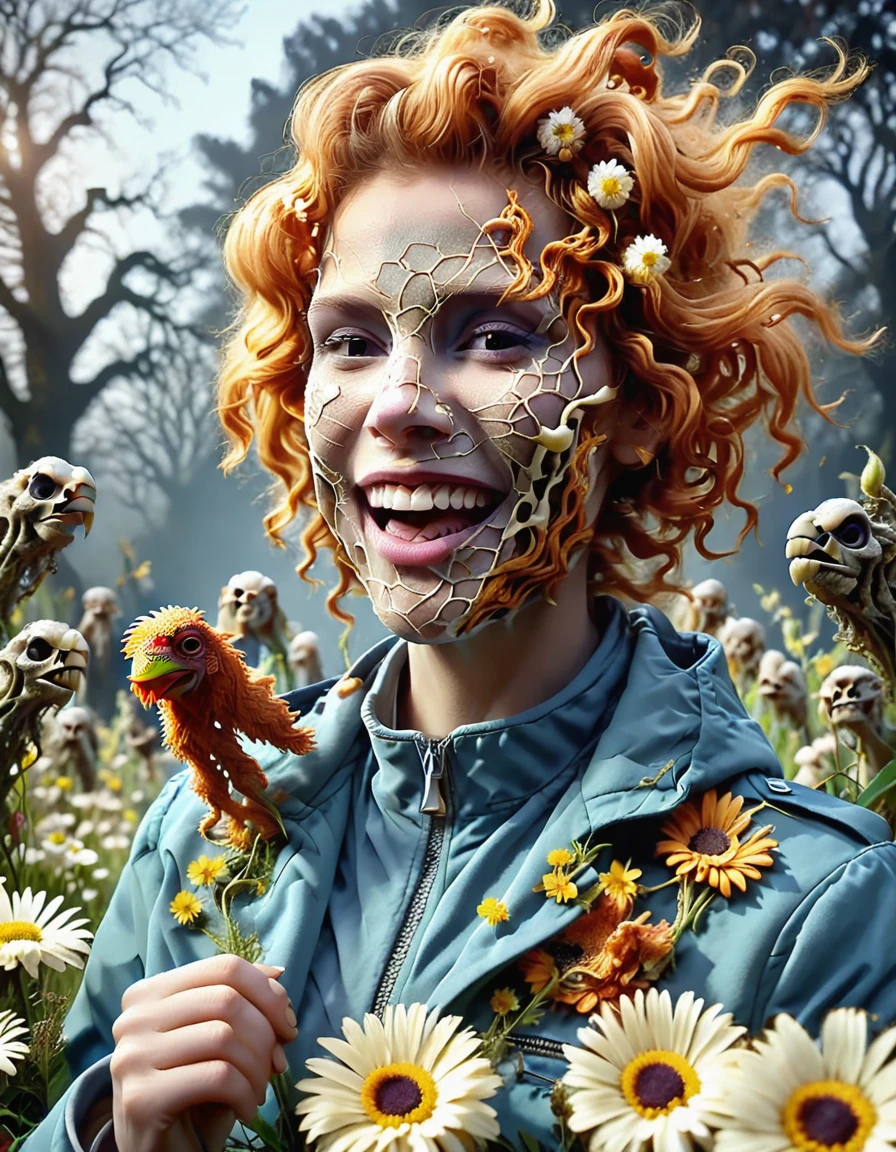 a professional face-focused absurdres intricately detailed photograph of the beautiful (solo:1.1) Leah_Voysey with thin-lipped smile a majestic jacket made of flowers and fried chicken and finger bones,
playing with several sugared-up delinquent marmosets,
 <lora:Leah_Voysey-SDXL:1>
 <lora:DonMV31l0fD4rkn355XL:1> DonMV31l0fD4rkn355XL,
 <lora:DonMW15pXL:1> DonMW15pXL, the head of a