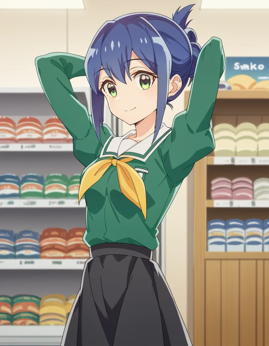 score_9, score_8_up, score_7_up, source_anime, <lora:kanoko-mamiya-s1-ponyxl-lora-nochekaiser:1>, kanoko mamiya, short hair, green eyes, blue hair, folded ponytail, sidelocks,, skirt, long sleeves, school uniform, puffy sleeves, neckerchief, green shirt, black skirt,, convenience store, snacks, shelves, counter, quick, smile, hands behind head,, looking at viewer, solo,, dutch angle, cowboy shot