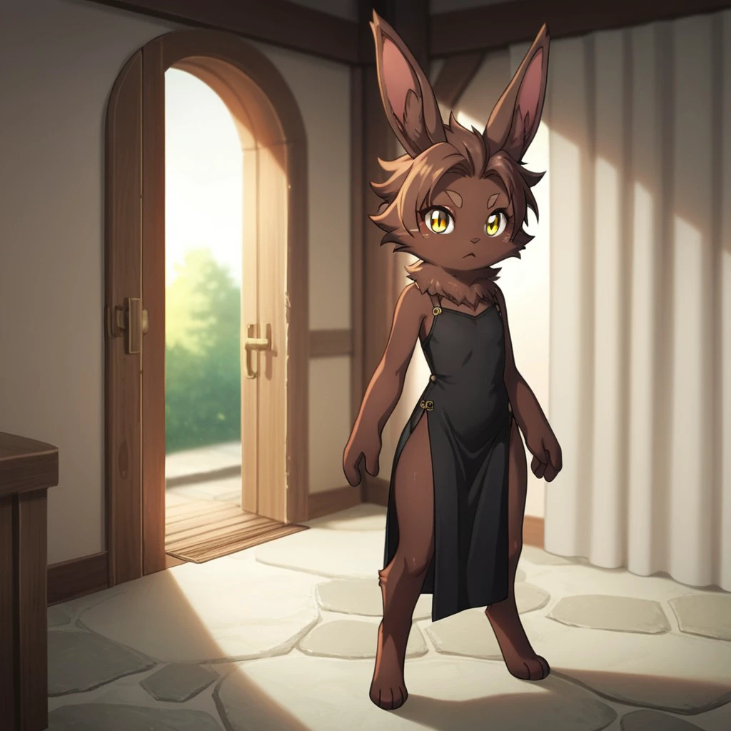 score_9, score_8_up, score_7_up, score_6_up, score_5_up, score_4_up, source_furry, Bilacslf, semi-anthro ,female, rabbit, brown fur, gold eyes, standing, black dress, side slit, inside, <lora:46eeec78-547f-4c56-b17b-d39f8b8f60a3:0.7>