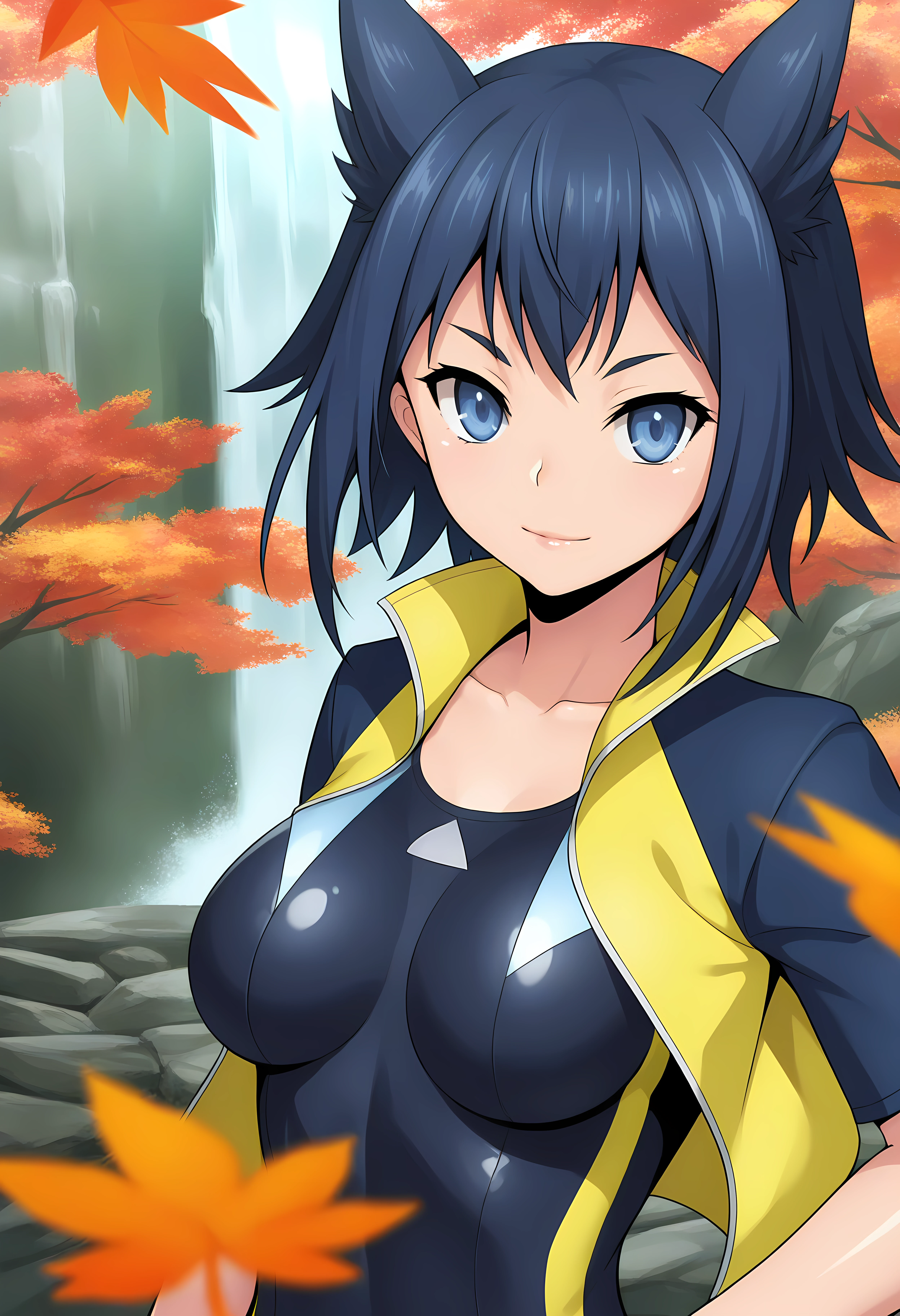 looking at viewer, shiny skin, upper body, light smile,ohwx, short_hair, blue_hair, 1girl, blue_eyes, breasts, black_hair, animal_ears, medium_breasts, long_hair, large_breasts,bike_shorts, male_focus, jacket, shorts, Japanese waterfall surrounded by vibrant autumn foliage, mist rising, serene and natural atmosphere,<lora:rin_rokudou_illustrious_sobsynapse-000002:1>