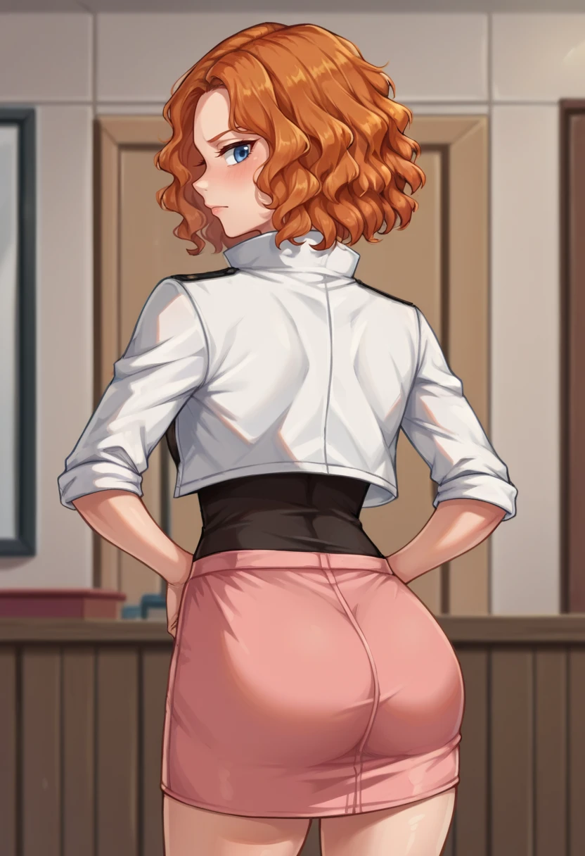 score_9,score_8_up,score_7_up BREAK <lora:melissa:1>,melissaSDXL,1girl,blue eyes,shirt,jacket,short hai,rorange hair,black shirt,curly hair,white jacket,pink skirt,cowboy shot,room,room background,from behind,looking back,ass focus,