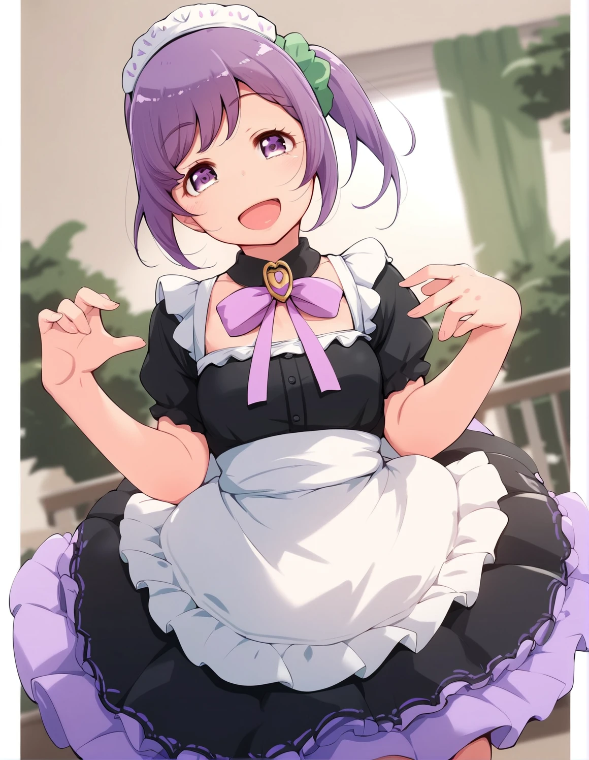 score_9, score_8_up, score_7_up,score_6_up,score_5_up, 1girl, manaka non, purple hair, one side up, frilled dress, maid, smile, head tilt, purple eyes, green scrunchie, open mouth
 <lora:yonekura_hisaki_pony6_v1-000035:.9>