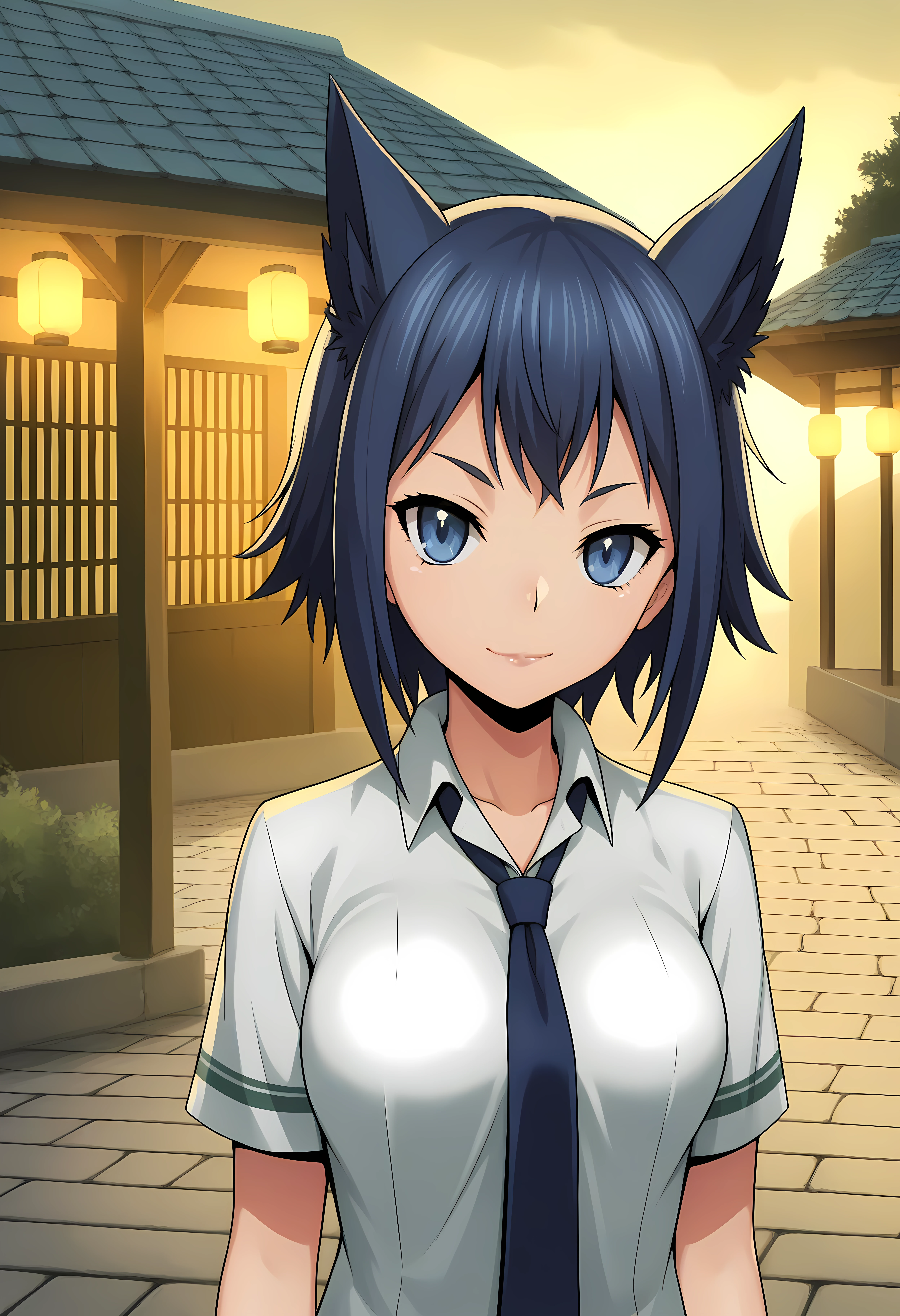 looking at viewer, shiny skin, upper body, light smile,ohwx, short_hair, blue_hair, 1girl, blue_eyes, breasts, black_hair, animal_ears, medium_breasts, long_hair, large_breasts,school_uniform, necktie, shirt, Traditional Japanese courtyard garden with stone path, lanterns, and small pond, calm and serene,<lora:rin_rokudou_illustrious_sobsynapse-000002:1>