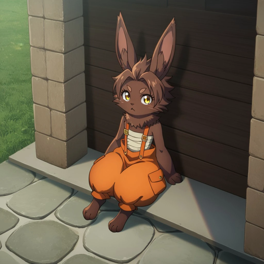 score_9, score_8_up, score_7_up, score_6_up, score_5_up, score_4_up, source_furry, Bilacslf, semi-anthro ,female, rabbit, brown fur, gold eyes, orange overalls, sarashi,  outside, sitting, on a wall, looking at the viewer, legs up, <lora:46eeec78-547f-4c56-b17b-d39f8b8f60a3:0.7>