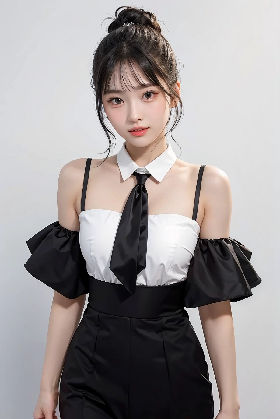 1girl, black  random formal attire, white background,  <lora:Twice_momo-02:1>