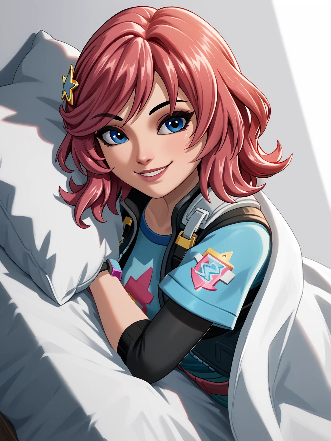 <lora:Undercover Skye (Fortnite):0.85> undercoverskye, smile,  <lora:shiUnderCoversV1Main.safetensors:1>, shiundercover, under covers, bed invitation, lying, on side, on bed, pillow,