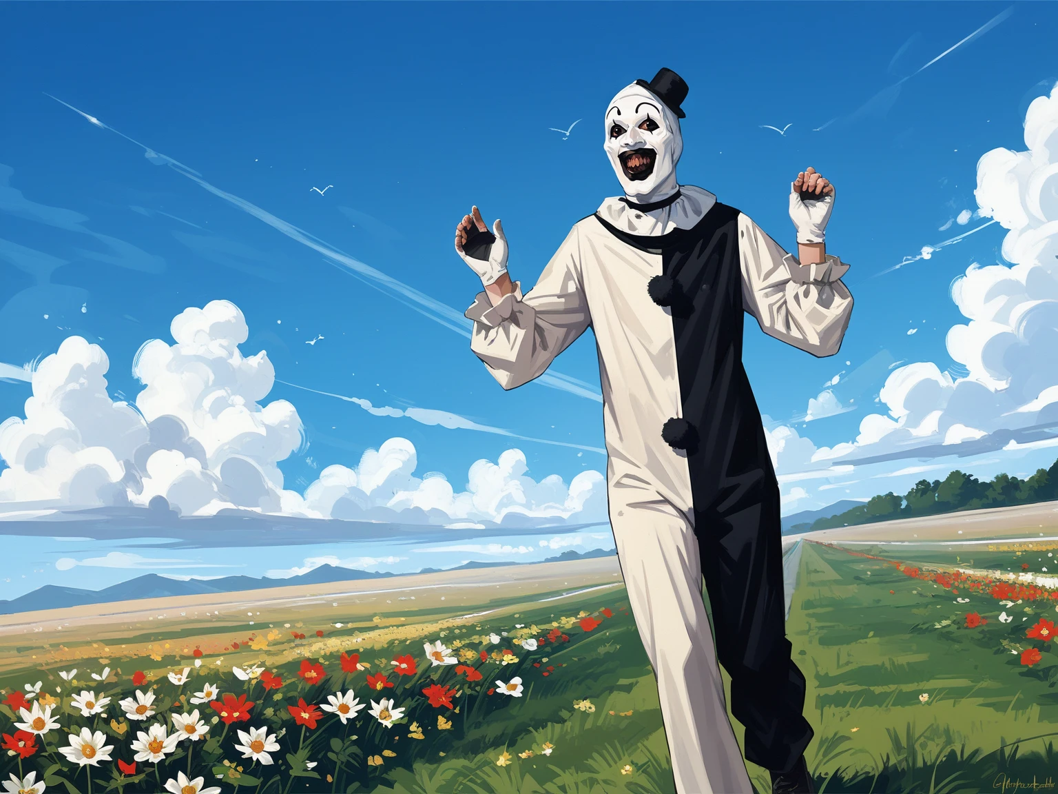 <lora:ArtTheClownN:0.8>, art_costume, art_the_clown, <lora:art_the_clown:0.35>, black eyes, male focus, white and black costume,
scenery, running in flower field, hands up, smile, happy, cowboy shot, sky, high grass, solo, looking to the side, open mouth, dutch angle,
, 5_fingers, <lora:MandradjievRassstrovV2:0.8>, zPDXL3