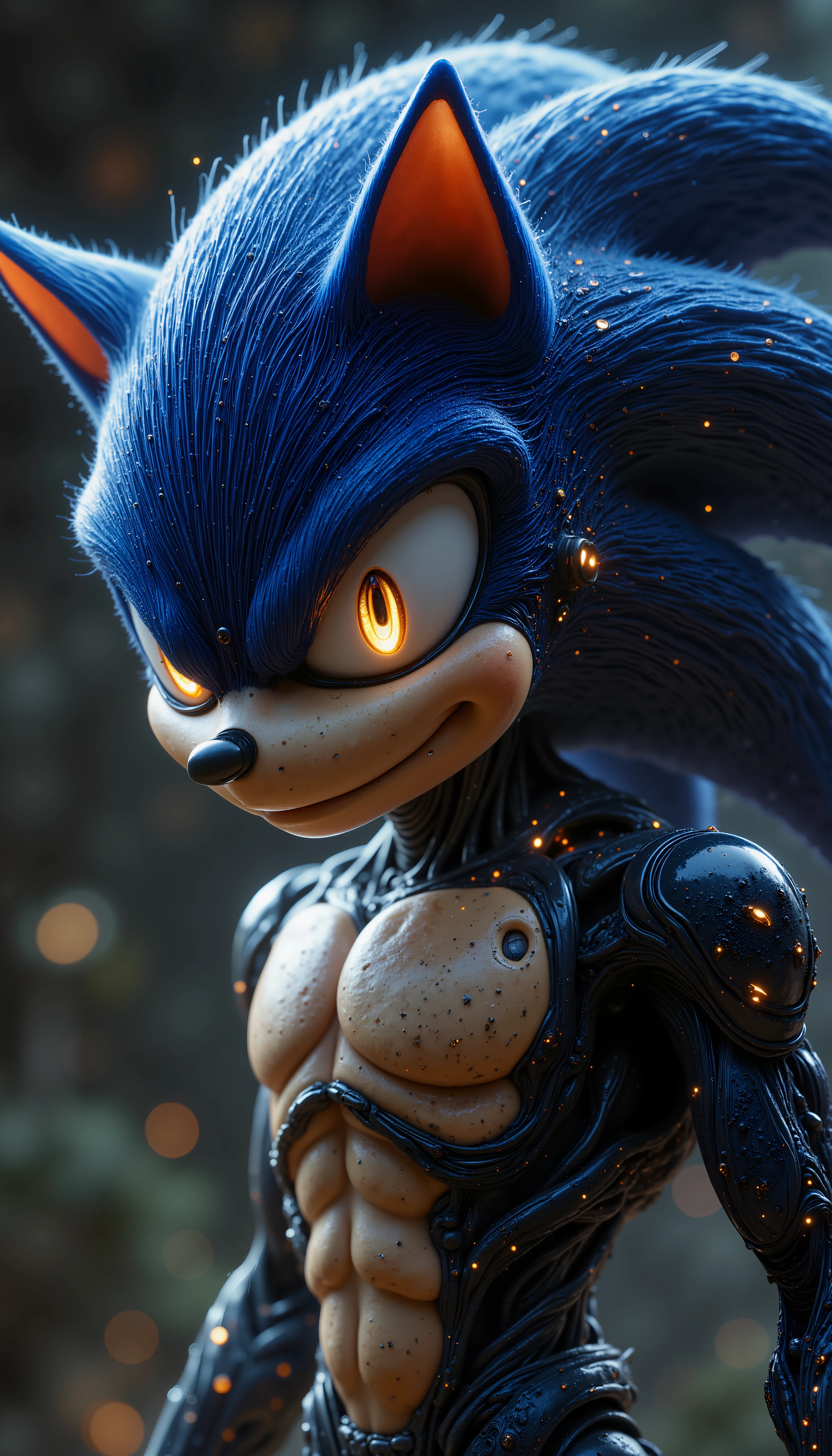 A n image showing Sonic the Hedgehog with cybernetic corrupted skin and implants. He has a menacing look on his face, showing the corruption within.