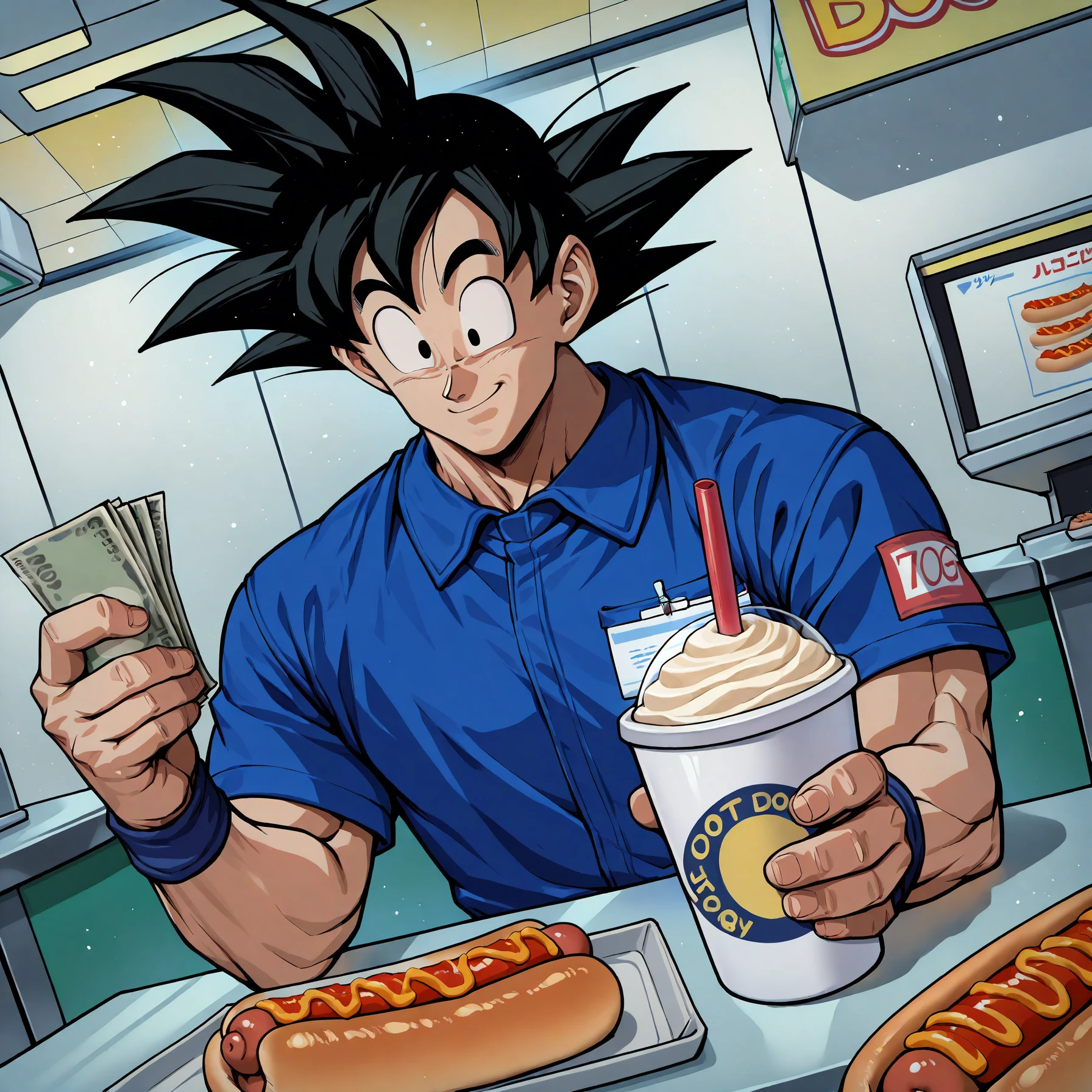 masterpiece, best quality, cashier, pov, indoors, restaurant, holding money, holding smoothie, hot dog, upper body, wide shot, employee uniform, son goku, armor, black hair, dutch angle,