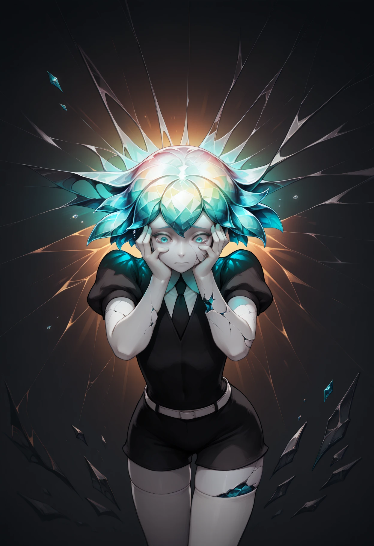 masterpiece, best quality, 1other, solo, diamond \(houseki no kuni\), white skin, crystal hair, gradient hair, gradient eyes, gem uniform \(houseki no kuni\), black shirt, short puffy sleeves, black necktie, white belt, black shorts, white thighhighs, broken skin, cracked skin, shattered, tears, abstract background, crystal, gem, diamond \(gem\), dark theme, horror \(theme\), hands to face,