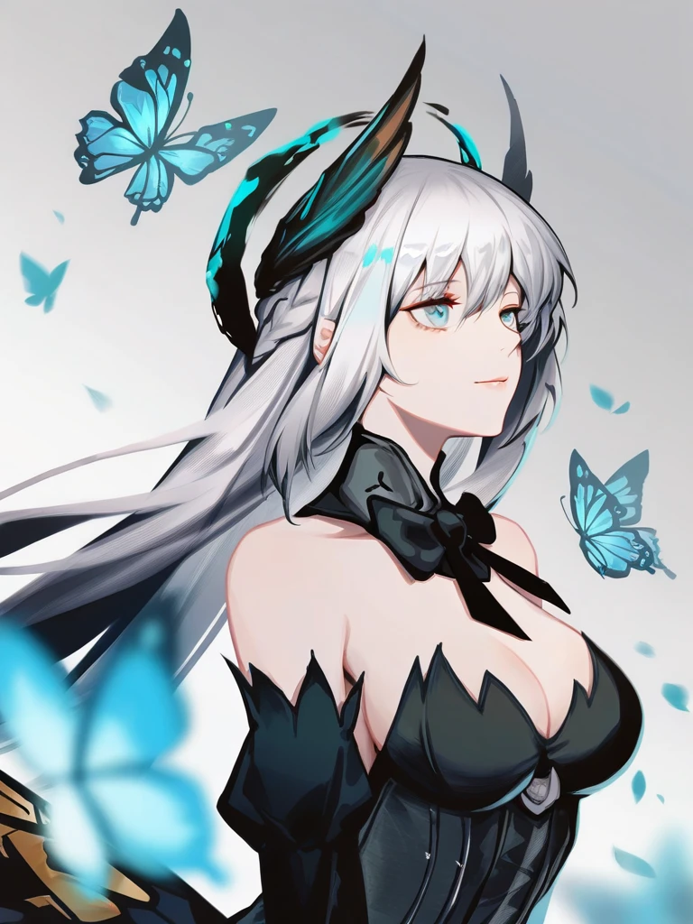 masterpiece, best quality, very aesthetic, highres, absurdres,(miurahha, bacius, ririko \(fhnngririko\):0.4), <lora:punishing_all:1>,1girl, bare shoulders, black dress, black ribbon, blue butterfly, blue eyes, detached collar, detached sleeves, feather hair ornament, grey background, grey hair, hair between eyes, liv: empyrea (dreamcatcher) (pgr), liv: empyrea (pgr), liv (pgr), long hair, neck ribbon, solo