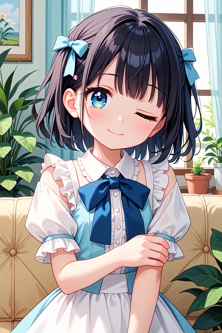 newest, masterpiece, best quality
BREAK
score_9, score_8_up, score_7_up, score_6_up, score_5_up, score_4_up
BREAK
cute round face, slender, kawaii, ultra cute girl, ultra cute face, ultra detailed eyes, ultra detailed hair, ultra beautiful,
1girl, solo,
Intricate details, Extremely detailed, Outstanding intricacies, Absurdres absolutely resolution, Serene atmosphere,
(Portrait, Face focus, shooting from front:1.2),
smile, closed mouth, Looking at viewer, one eye closed,
medium hair, black hair,
White ruffled blouse, saxe-blue ribbon tie, short ruffled sleeves and long layerd skirt,
Fashionable cafe living room, Decorative plants, Pastel cute sofa, Pastel cute curtains, Pastel cute wallpaper
<lora:wink2_left_xl_v10:1>