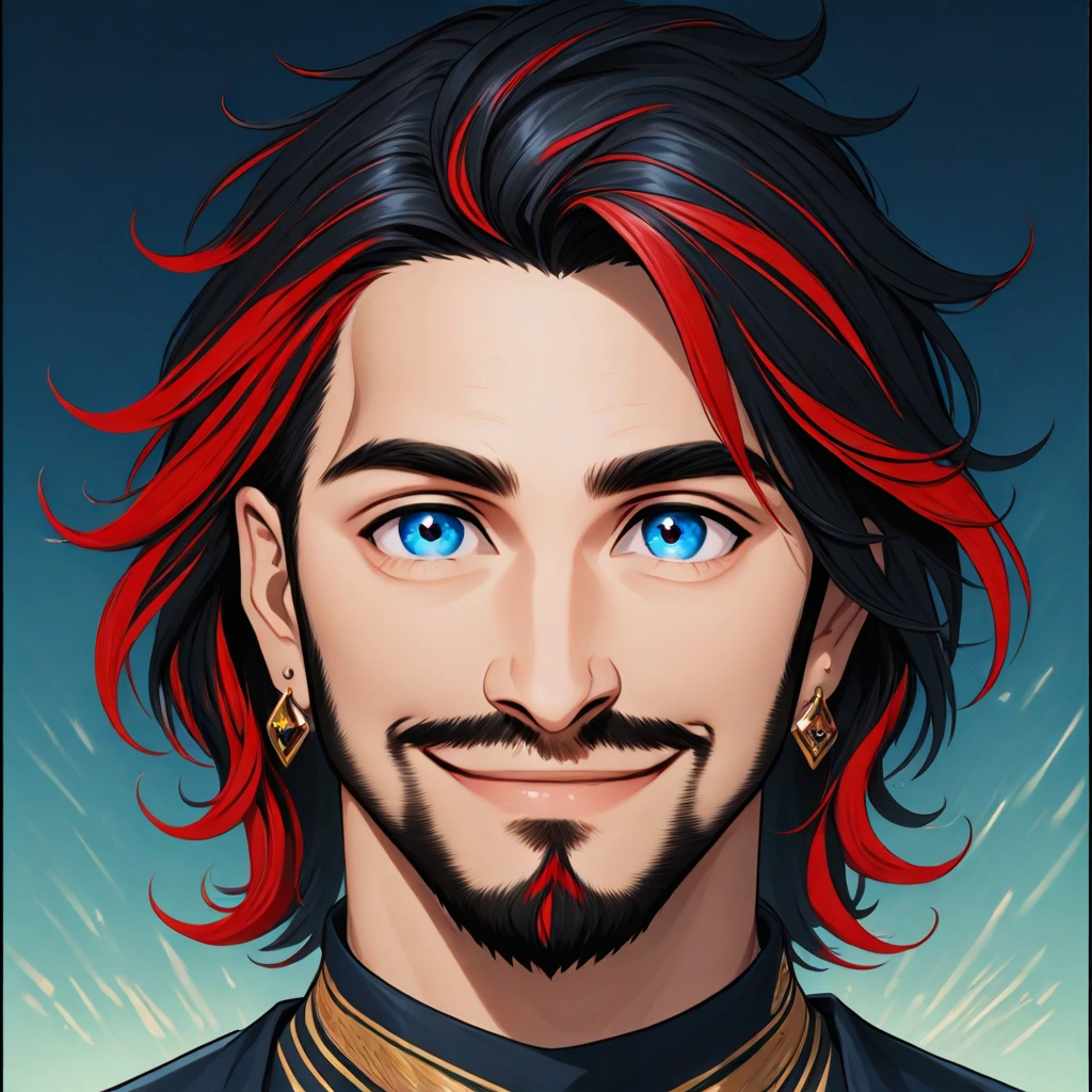 Osenayan Illustration Style, solo, looking at viewer, smile, blue eyes, black hair, 1boy, jewelry, upper body, male focus, red hair, earrings, streaked hair, facial hair, portrait, beard, comic art style, illustration, masterpiece