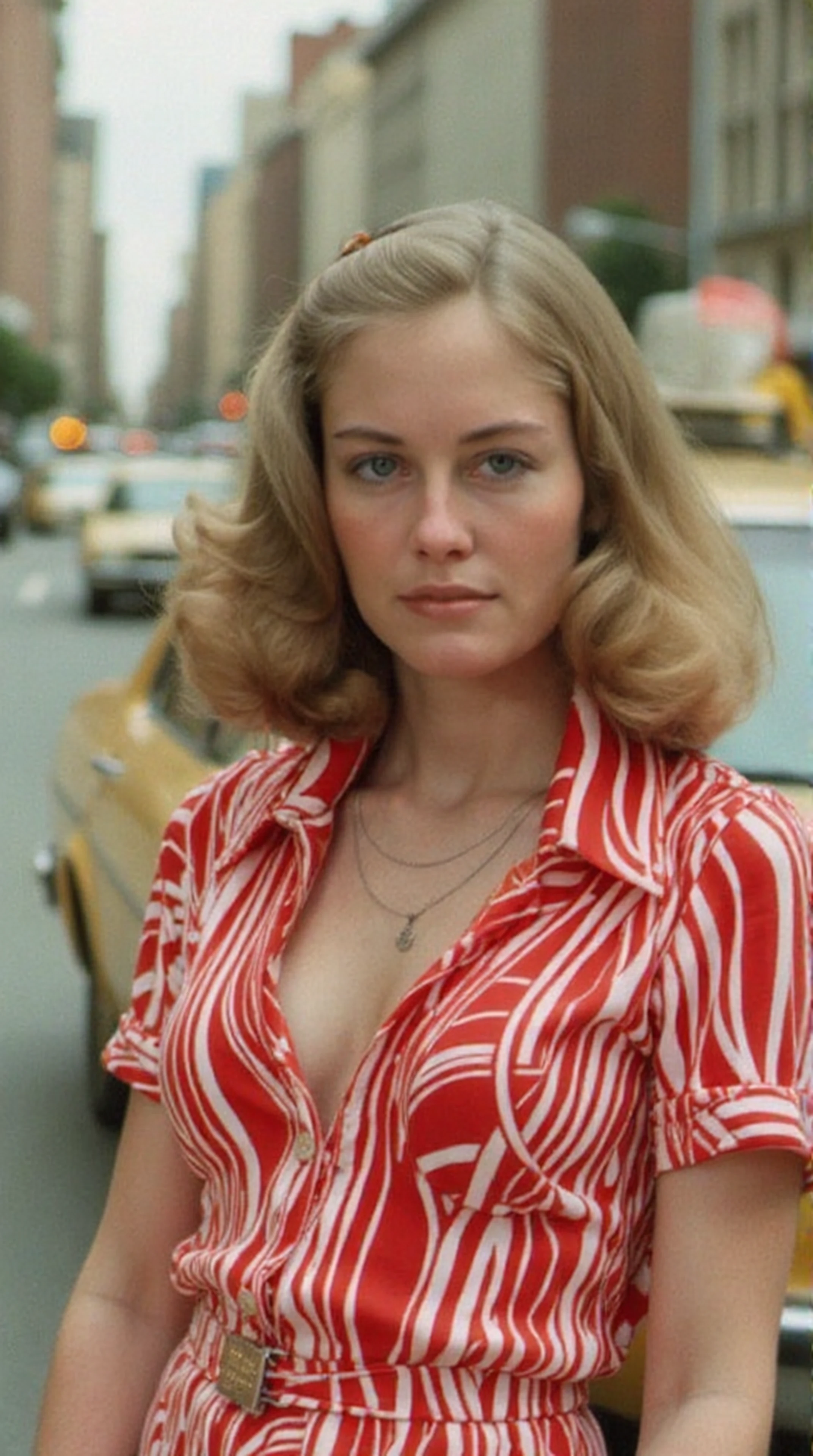 close-up photo of woman, upper body, leaning against a 1970s taxi in NYC, she wears a 1970s colorful polyester dress. Detailed, intimate, clear, personal