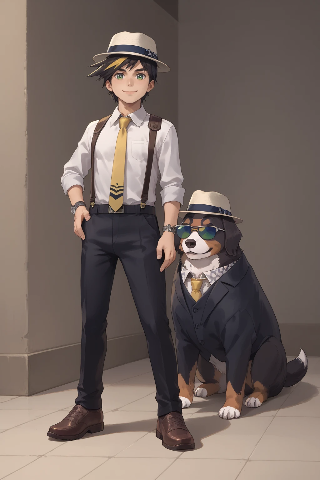 score_9, score_8_up, score_7_up, score_6_up, score_5_up,score_4_up , 
kouki, black hair, green eyes, 1boy, male focus, solo, smile, fedora, streaked hair, brown footwear, white shirt, yellow necktie, sunglasses, shoes, suspenders, black pants, dog, sirius, animal, fedora, clothed