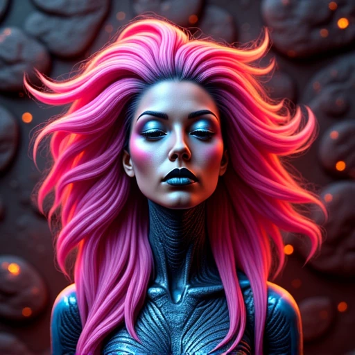 and his hair flows dramatically around his head in a stylized, futuristic style. The central figure is a stylized, blending her form with the wall behind her, giving her a mermaid-like appearance. The paint is applied in a way that mimics the texture and patterns of scales, The image is a digital artwork in a highly detailed, bright pink hair that appears almost luminescent, statuesque physique. Her long, Fully Bodypainted Lava Goddess, stylized humanoid figure set against a dramatic