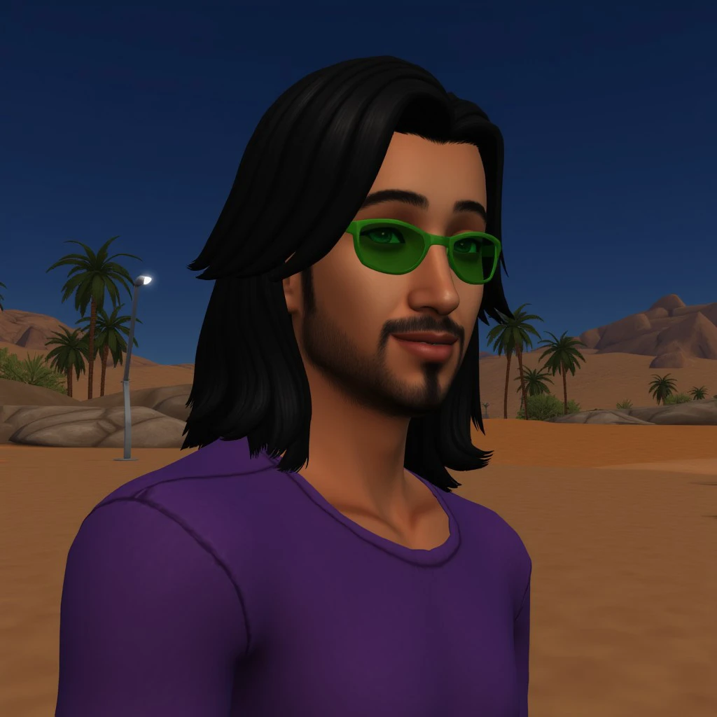 ts4style,Portrait,looking at viiewer,smile,outdoors,desert,palms,night sky,1boy, black hair, ((long hair)), brown eyes, green sunglasses, ((tanned skin)), beard stubble, purple t-shirt