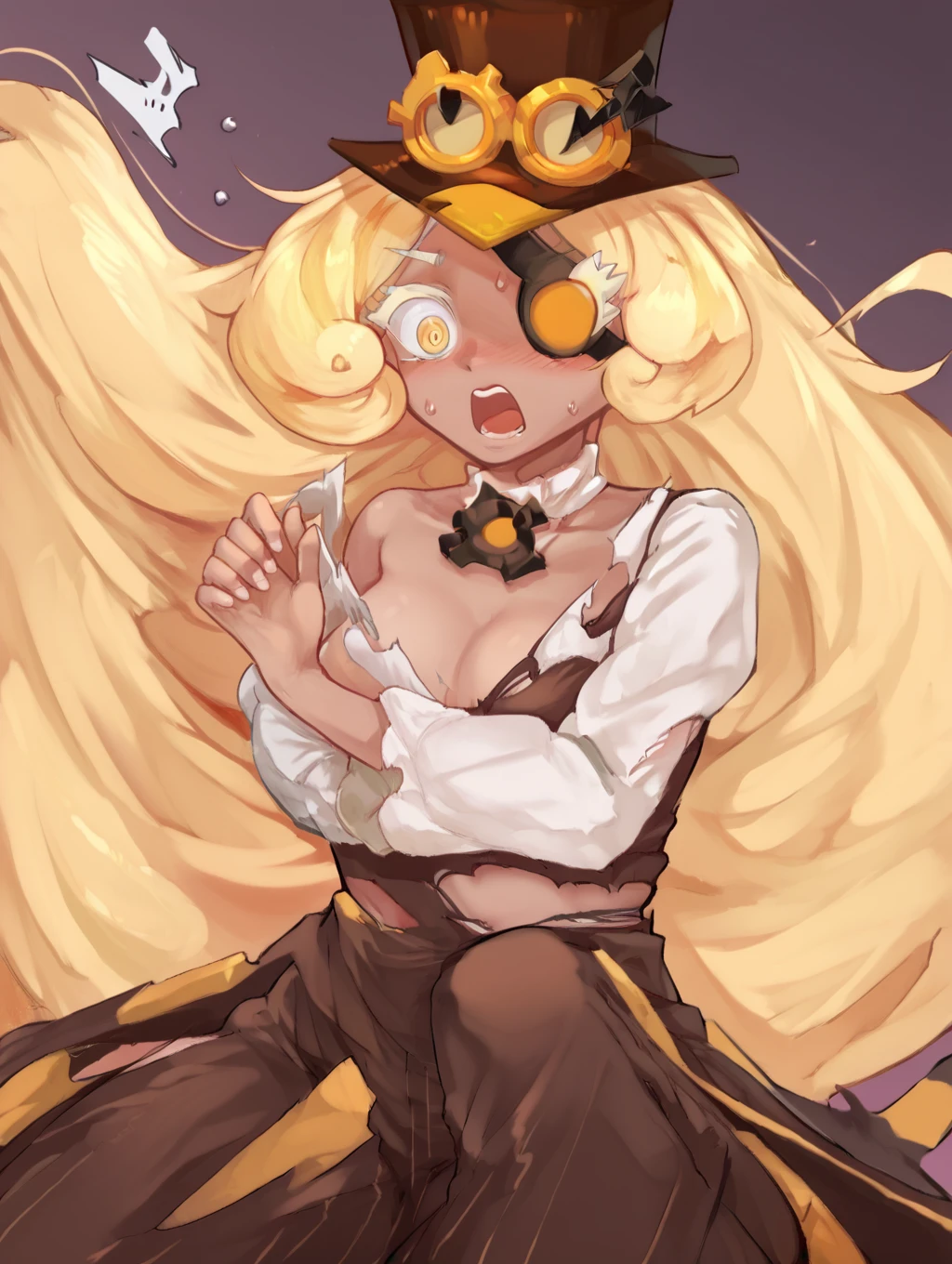 score_9, score_8_up
<lora:Timekeeper:1> tkcookie, 1girl, solo, tkeyepatch, long hair, blonde hair, tkstripedhair, white eyelashes, colored eyelashes, dark skin, steampunk
<lora:explodingclothespony:1> exploding clothes, torn clothes, convenient censoring, embarassed, shocked