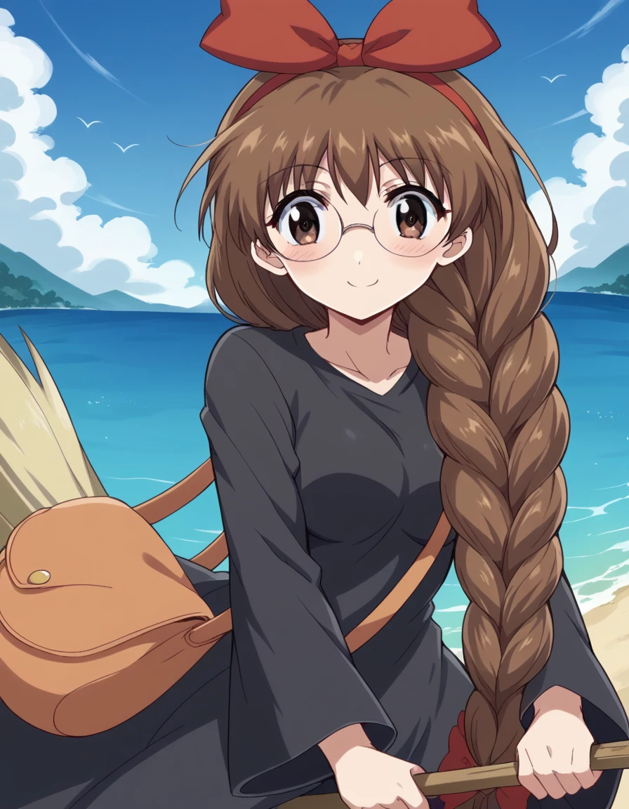 score_9, score_8_up, score_7_up, source_anime, <lora:koi-ui-chigusa-s1-ponyxl-lora-nochekaiser:1>, koi ui chigusa, brown hair, brown eyes, glasses, braid, hair braid, single braid, hair over shoulder, medium breasts,, <lora:witch-kiki-cosplay-ponyxl-lora-nochekaiser:1>, witch kiki cosplay, kiki (majo no takkyuubin) (cosplay), bag, black dress, bow, bow hairband, cosplay dress, hairband, long dress, red bow, red hairband, shoulder bag, sleeves past elbows,, blue sky, broom, broom riding, smile, blush,, cowboy shot, looking at viewer,, , dutch angle, cowboy shot