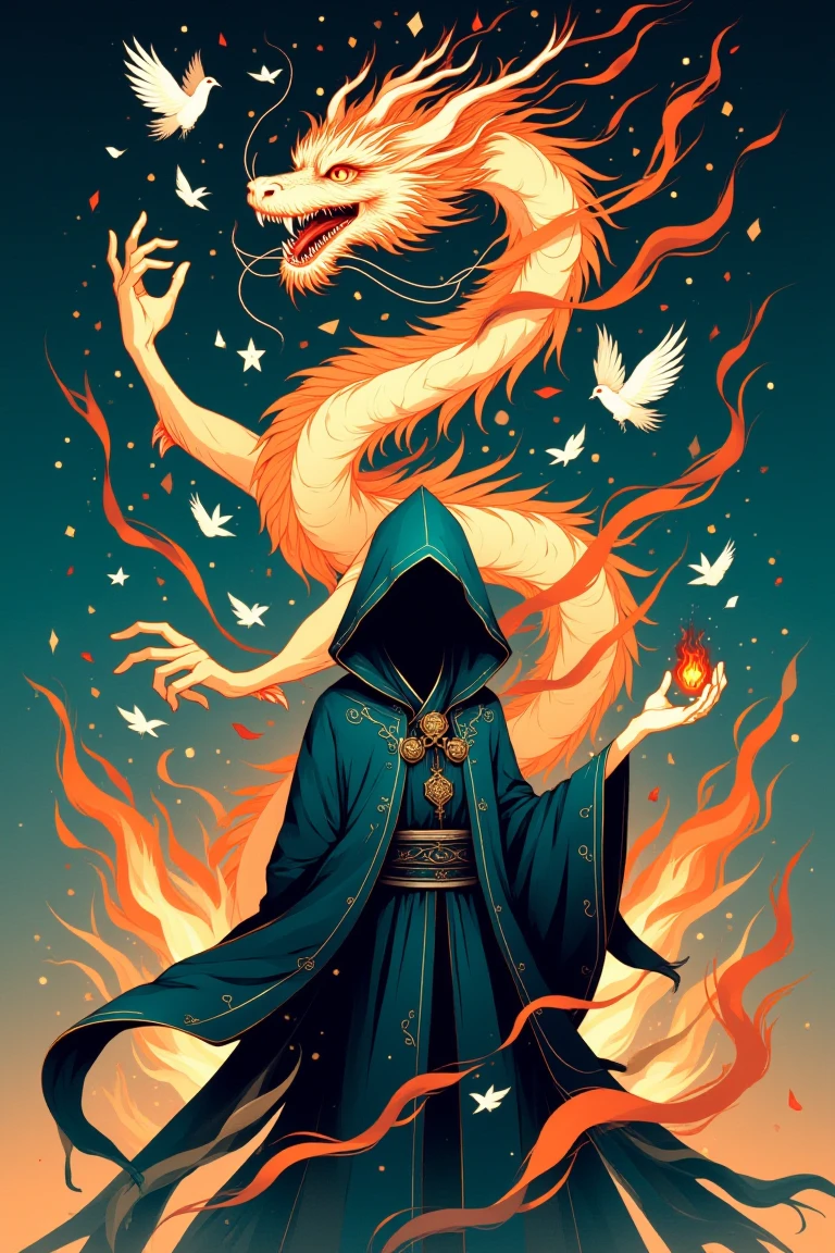 A cloaked figure stands amidst a fiery,abstract landscape with swirling flames and geometric shapes,minimalism and simple,(heavenly reincarnation),shaman,DARK FANTASY,Orient china dragon,water color style,dark orange and teal tone,anime,ANIME DARK,cloak with hood,flying embers,hand holding paper charm,one hand raised,ANIME DARK,