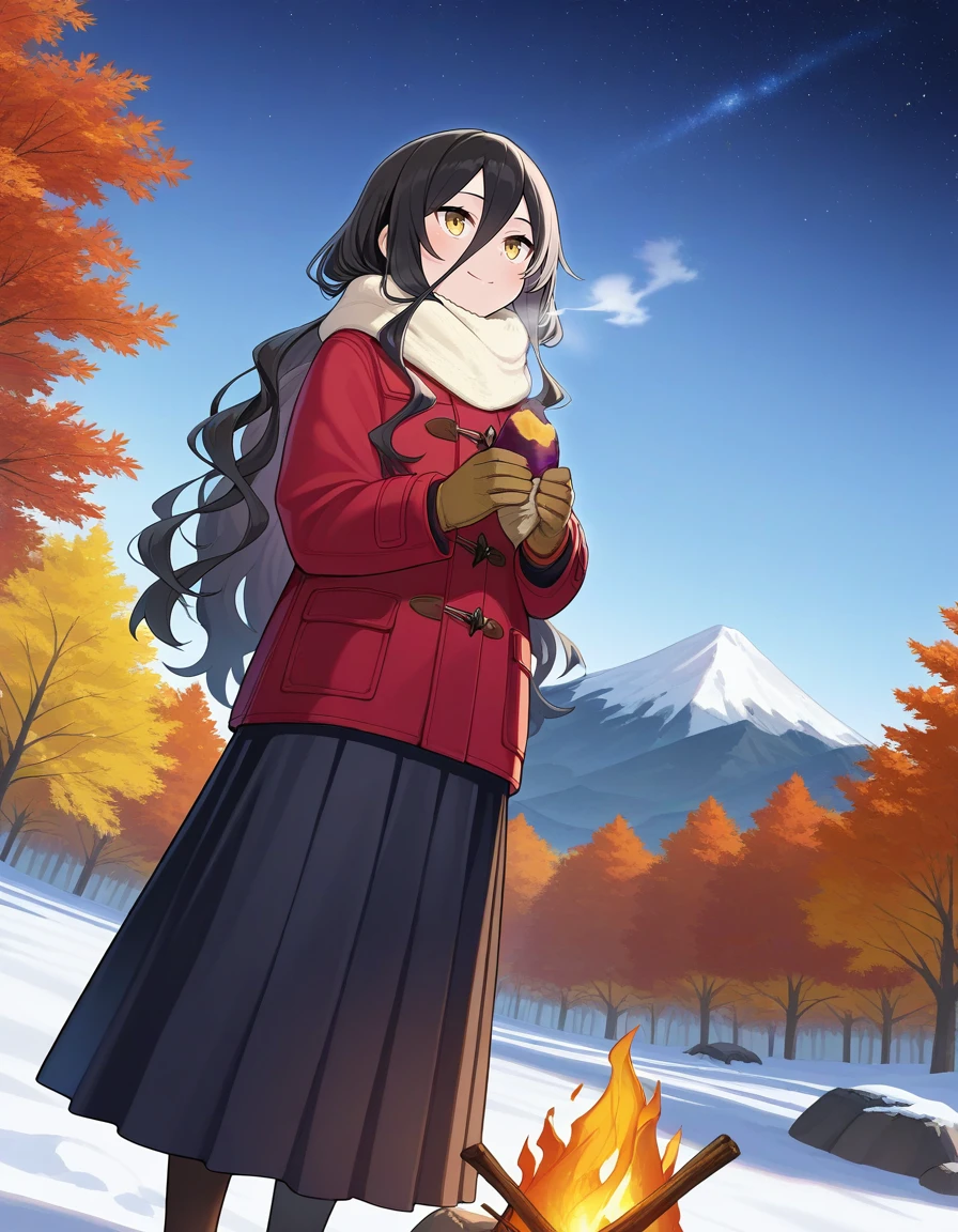 masterpiece, best quality,
1girl, solo, winter clothes, japanese sweet potato, bonfire, snow, autumn leaves, autumn, rock, smile, holding food, white breath, black hair, yellow eyes, standing, looking up, blue sky, day, sunlight, mountain, starry sky, work gloves, tsurime, (sanpaku:0.6), hair between eyes, (long bangs:1.1), very long hair, from below, wavy hair, feet out of frame, dutch angle, long skirt, pantyhose,