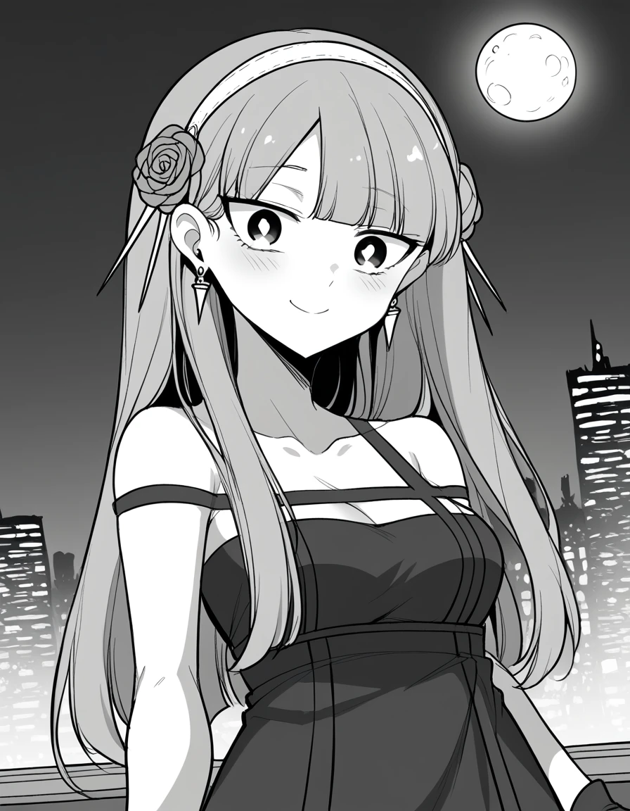 score_9, score_8_up, score_7_up, source_anime, <lora:chunja-manhwa-ponyxl-lora-nochekaiser:1>, chunja, monochrome, greyscale,  bangs, blunt bangs, black eyes, bright pupils, long hair, medium breasts,, <lora:yor-briar-cosplay-ponyxl-lora-nochekaiser:1>, yorbriarcosplay, yor briar (cosplay), bare shoulders, black dress, black gloves, cleavage, dress, earrings, gloves, gold earrings, hair ornament, hair band, jewelry, bare shoulders, collarbone, fingerless gloves, thighhighs, black thighhighs,, cityscape, night, moon, blush, smile, , dutch angle, cowboy shot