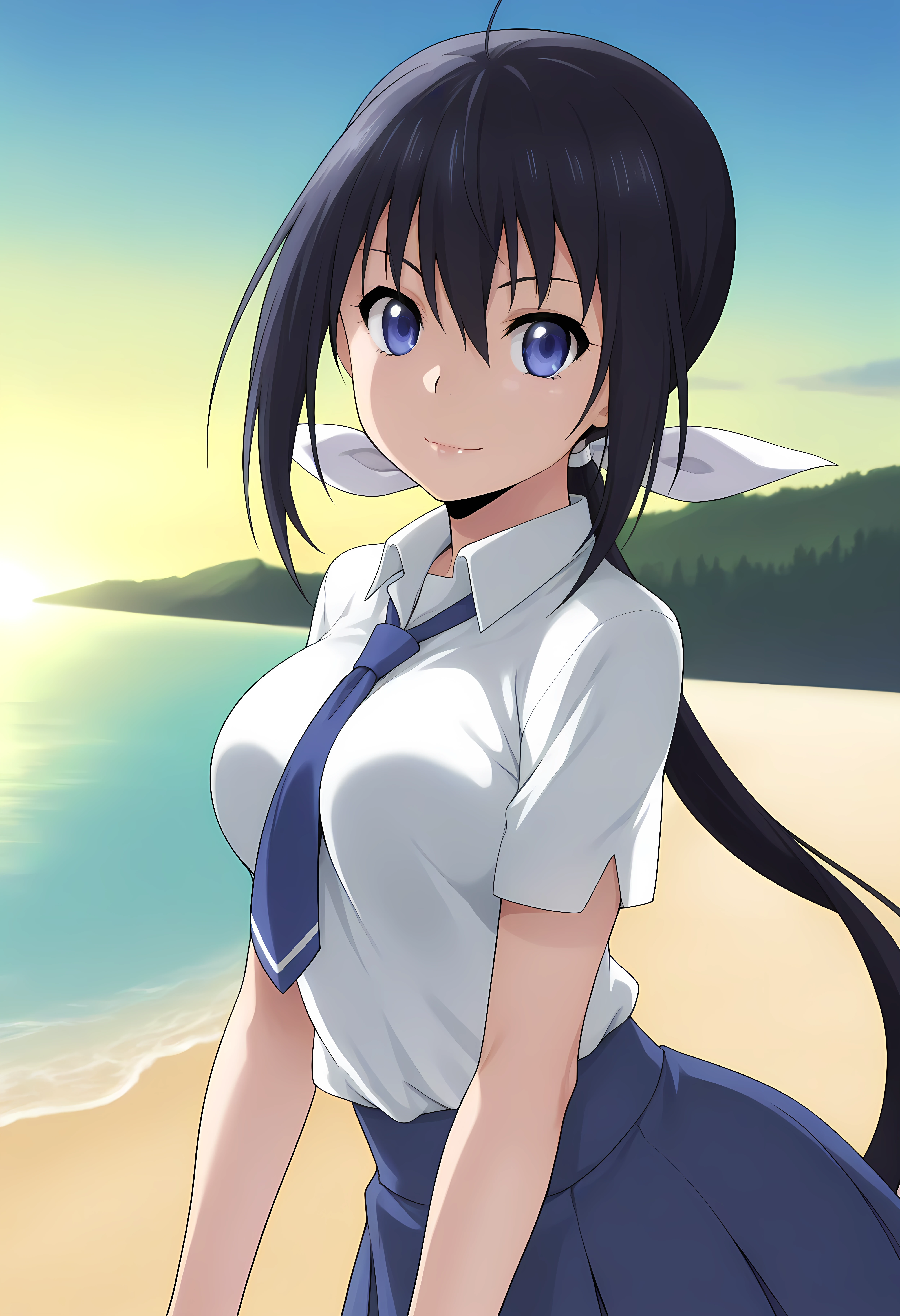 looking at viewer, shiny skin, upper body, light smile,ohwx, black_hair, 1girl, long_hair, ponytail, ribbon, blue_eyes, hair_ribbon, breasts, purple_eyes, low_ponytail, hair_between_eyes,necktie, skirt, school_uniform, shirt, blue_skirt, short_sleeves, white_shirt, Japanese coastline with rocky cliffs and calm waves, early morning light, peaceful and untouched nature,<lora:nozomi_kaminashi_illustrious_sobsynapse-000002:1>