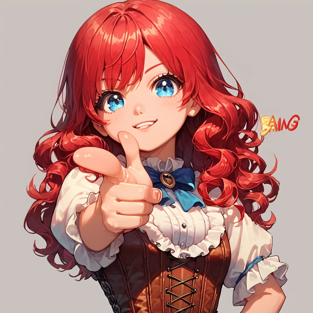 score_9, score_8_up, score_7_up, 1girl, solo, extremely detail face, blue eyes, red hair, medium wavy hair, frill shirt, corset, cowboy outfit, finger gun, pointing at viewer, bang (gesture), bubble chat "Bang", <lora:Finger_gun_Shooting_Bang_Pose_for_Pony:1>  <lora:Finger_Gun:0.65>