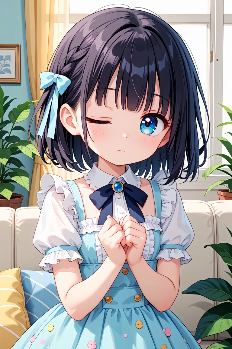 newest, masterpiece, best quality
BREAK
score_9, score_8_up, score_7_up, score_6_up, score_5_up, score_4_up
BREAK
cute round face, slender, kawaii, ultra cute girl, ultra cute face, ultra detailed eyes, ultra detailed hair, ultra beautiful,
1girl, solo,
Intricate details, Extremely detailed, Outstanding intricacies, Absurdres absolutely resolution, Serene atmosphere,
(Portrait, Face focus, shooting from front:1.2),
expressionless, closed mouth, Looking at viewer, one eye closed,
medium hair, black hair,
White ruffled blouse, saxe-blue ribbon tie, short ruffled sleeves and long layerd skirt,
Fashionable cafe living room, Decorative plants, Pastel cute sofa, Pastel cute curtains, Pastel cute wallpaper
<lora:wink2_right_xl_v10:1>