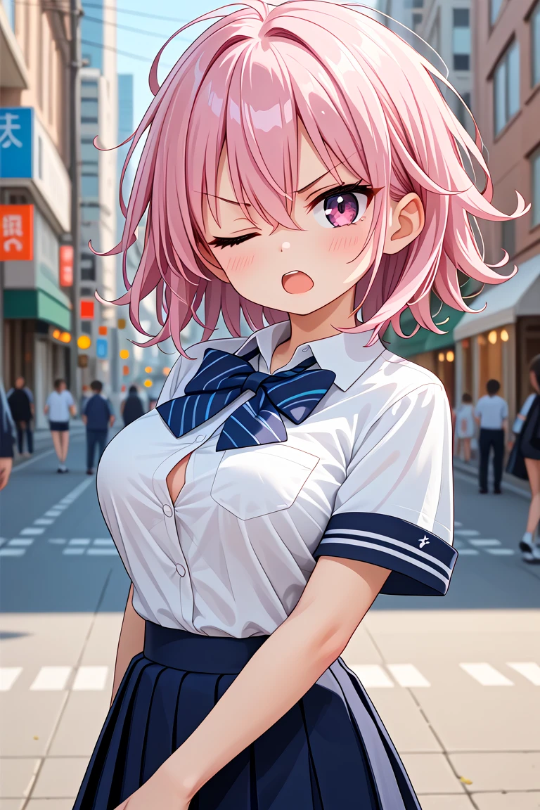 newest, masterpiece, best quality
BREAK
score_9, score_8_up, score_7_up, score_6_up, score_5_up, score_4_up
BREAK
cute round face, slender, kawaii, perfect symmetrical face, ultra cute girl, ultra cute face, ultra detailed eyes, ultra detailed hair, ultra cute, ultra beautiful,
1girl, solo,
BREAK
pink hair, pink eyes, messy hair, hair between eyes, medium large breasts,
summer school uniform, plain dark blue skirt with many pleats, striped indigo blue bowtie, short sleeves, white shirt, shirt with white button, shirt_tucked_in,
BREAK
angry, open mouth, one eye closed
seductive pose, cowboy shot, looking at viewer,
BREAK
photoreal detailed background, photo realictic background,
City in twilight, emerging lights, and bustling streets Portray the captivating charm of a city during the enchanting dusk, depth of field, ultra detailed background,
<lora:wink2_right_xl_v10:1>